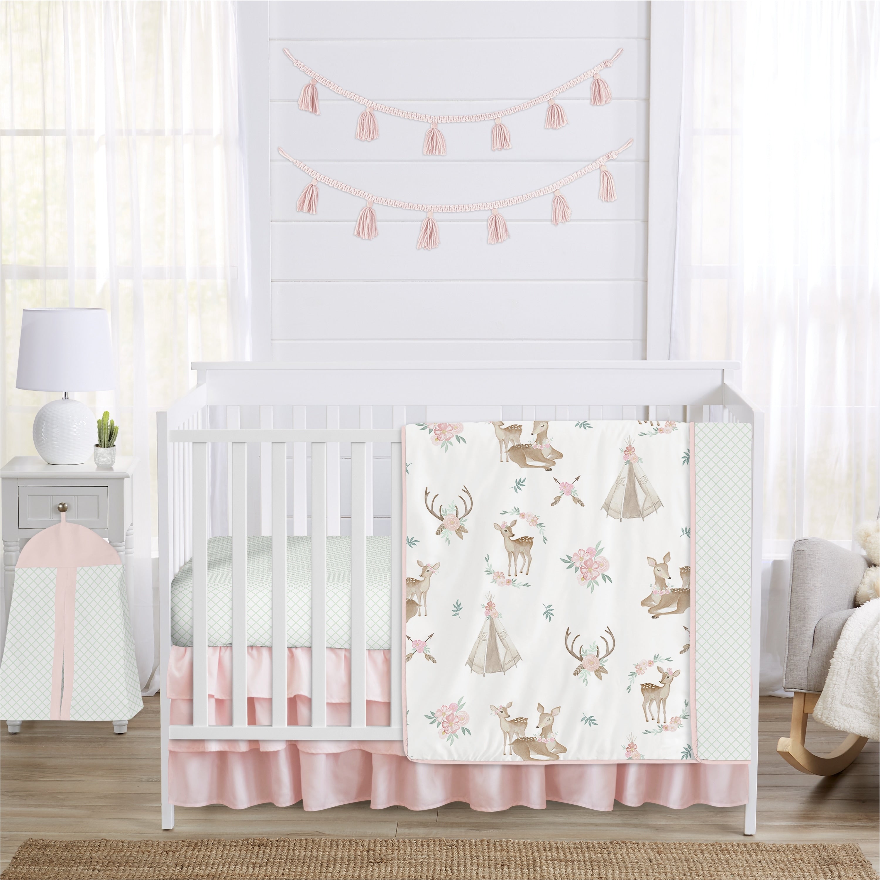 Sweet Jojo Designs Blush Pink Mint White Boho Watercolor Woodland Deer Floral Collection Girl 4 Piece Crib Bedding Set