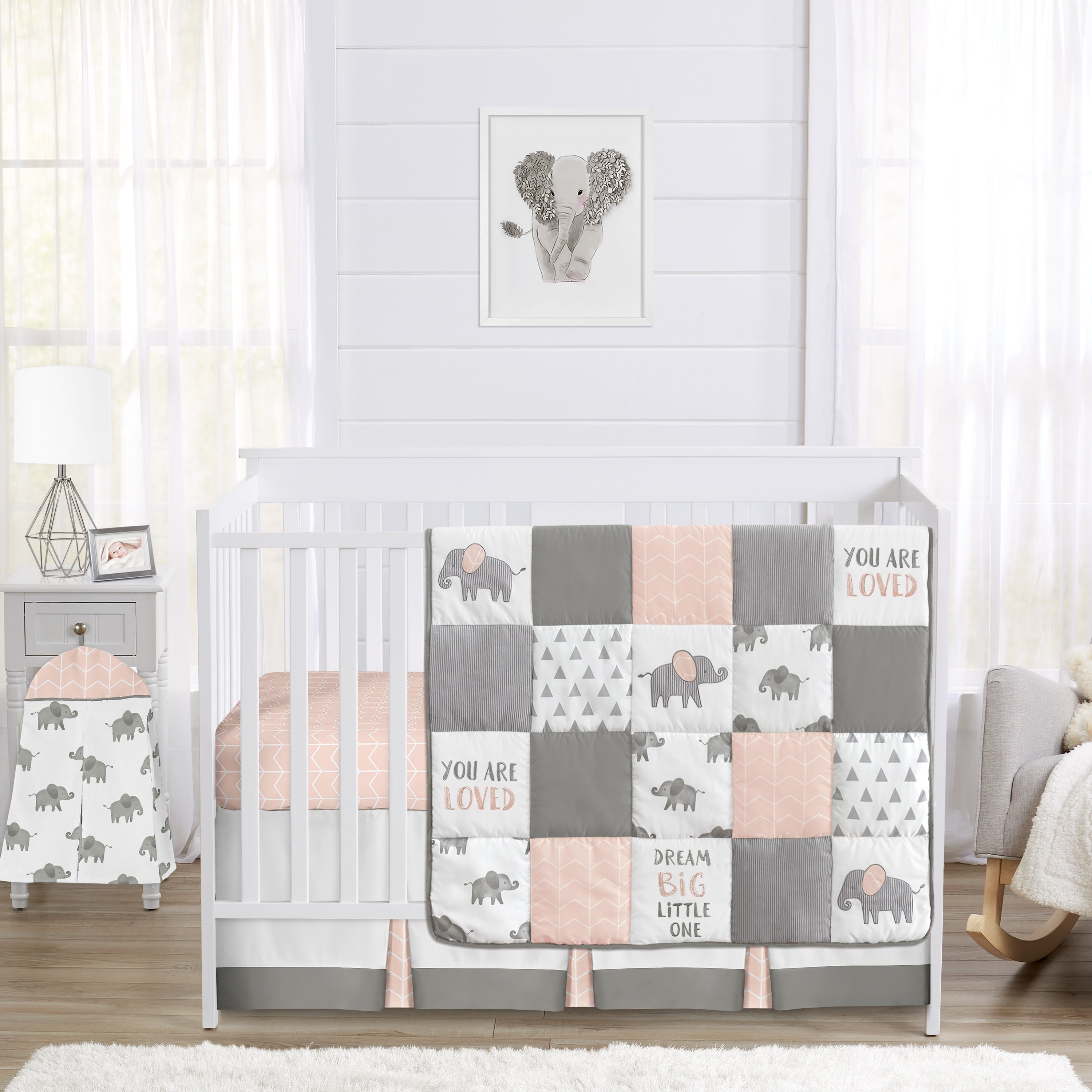 Sweet Jojo Designs Blush Pink Grey And White Watercolor Elephant Safari Collection Girl 4 Piece Crib Bedding Set