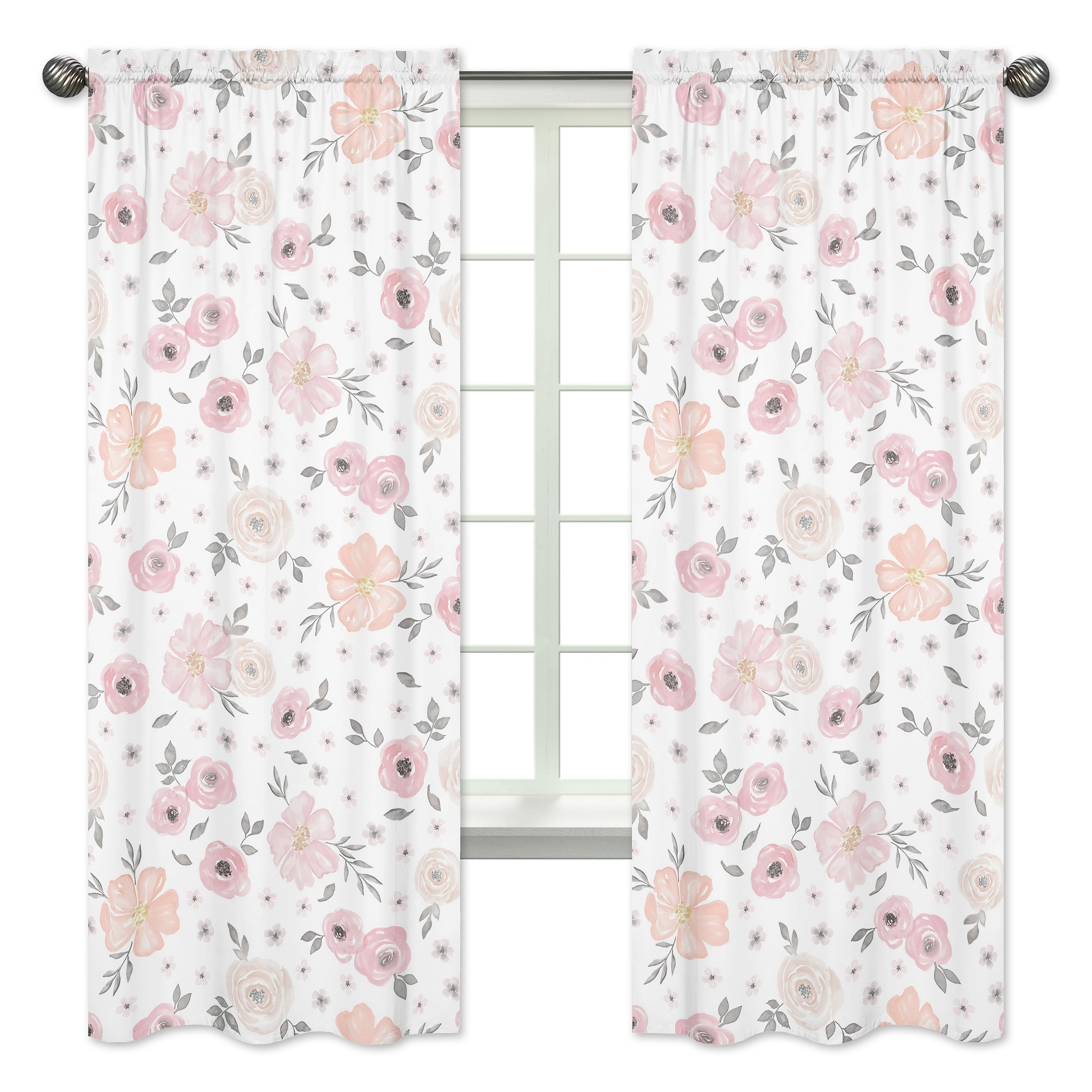Sweet Jojo Designs Blush Pink Grey And White Watercolor Floral Collection 84 Inch Window Treatment Curtain Panel Pair