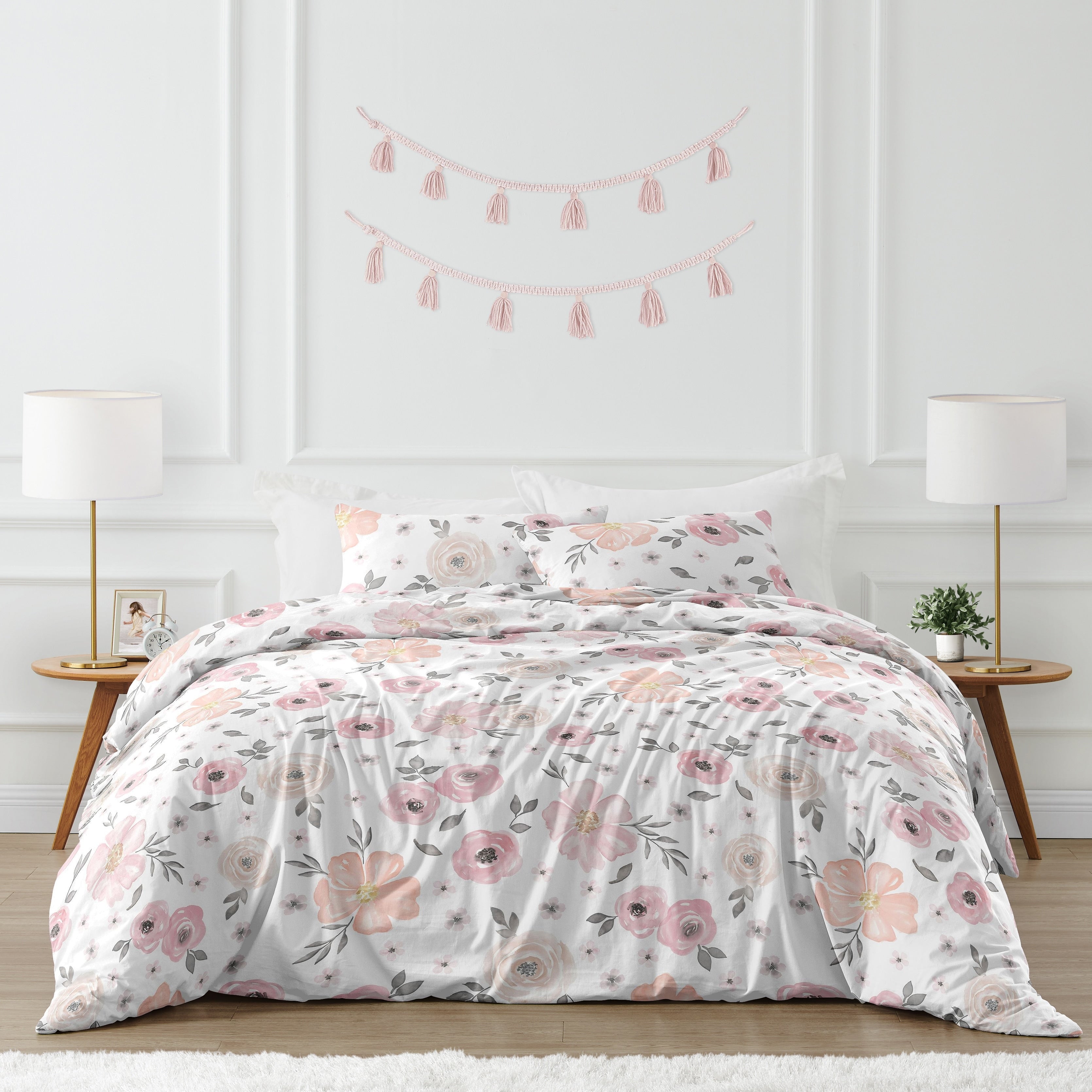 Sweet Jojo Designs Blush Pink Grey And White Watercolor Floral Collection Girl 3 Piece Full Queen Size Comforter Set