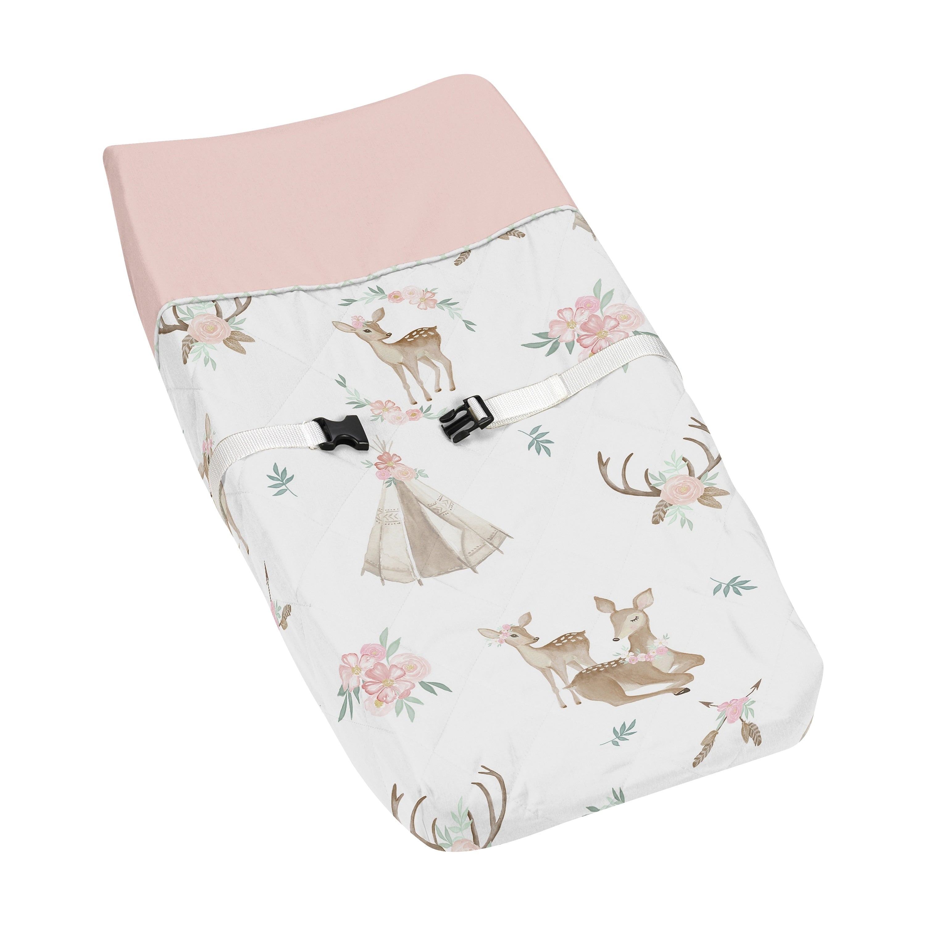 Sweet Jojo Designs Blush Pink Mint Green And White Boho Woodland Deer Floral Collection Changing Pad Cover
