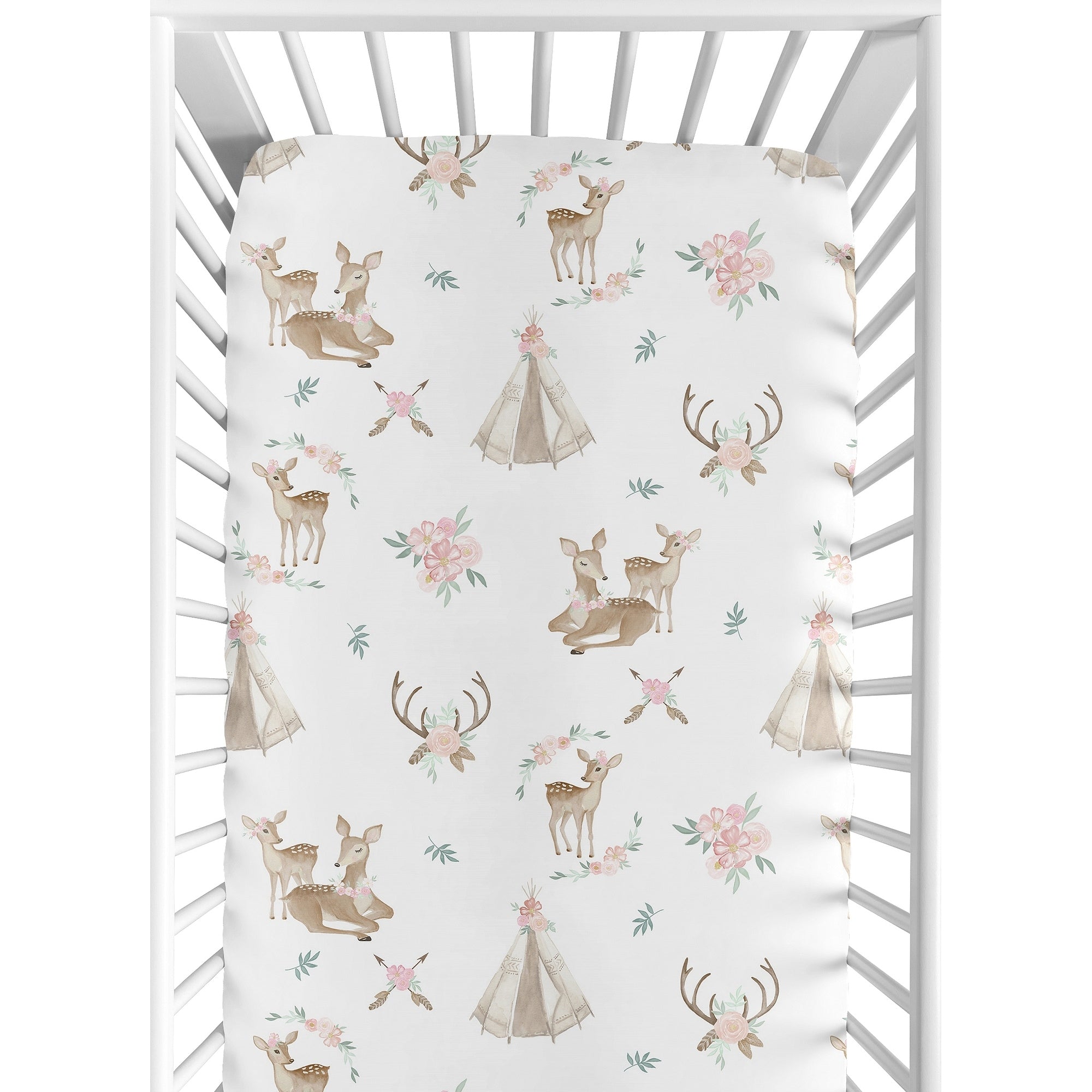 Sweet Jojo Designs Blush Pink Mint Green And White Boho Woodland Deer Floral Collection Fitted Crib Sheet