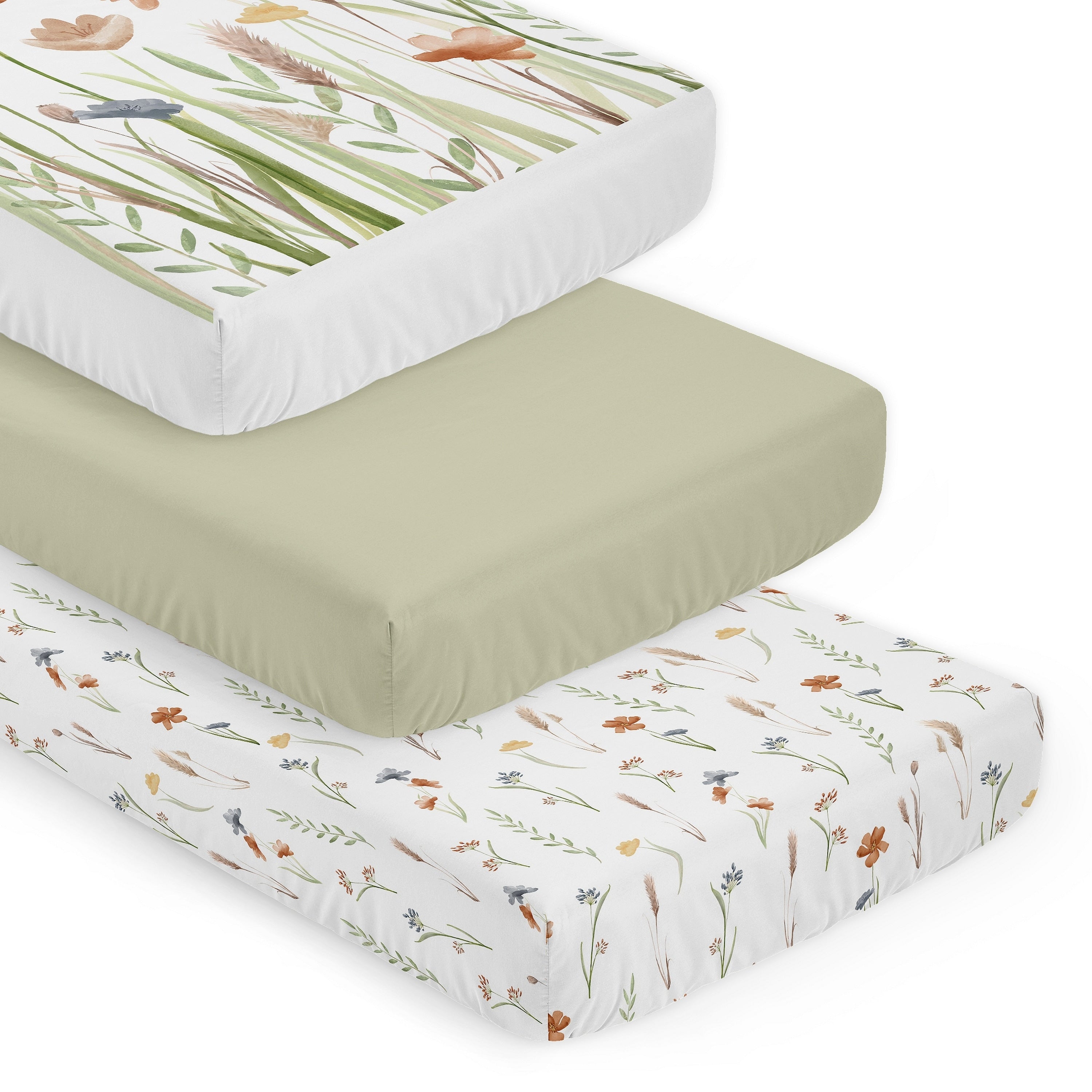 Sweet Jojo Designs Boho Floral Garden Flower Girl 3 Pack Fitted Crib Sheets Solid Green Watercolor Bohemian Floral Farmhouse
