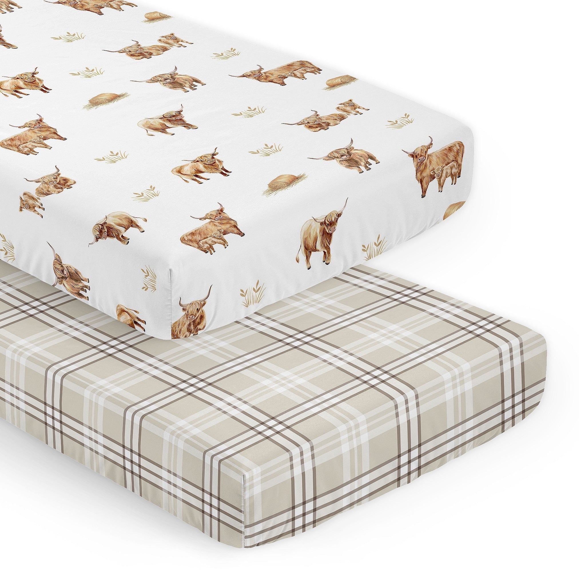 Sweet Jojo Designs Boho Highland Cow Boy Girl Gender Neutral 2 Pack Fitted Crib Sheets Taupe Plaid Farm Animal Farmhouse