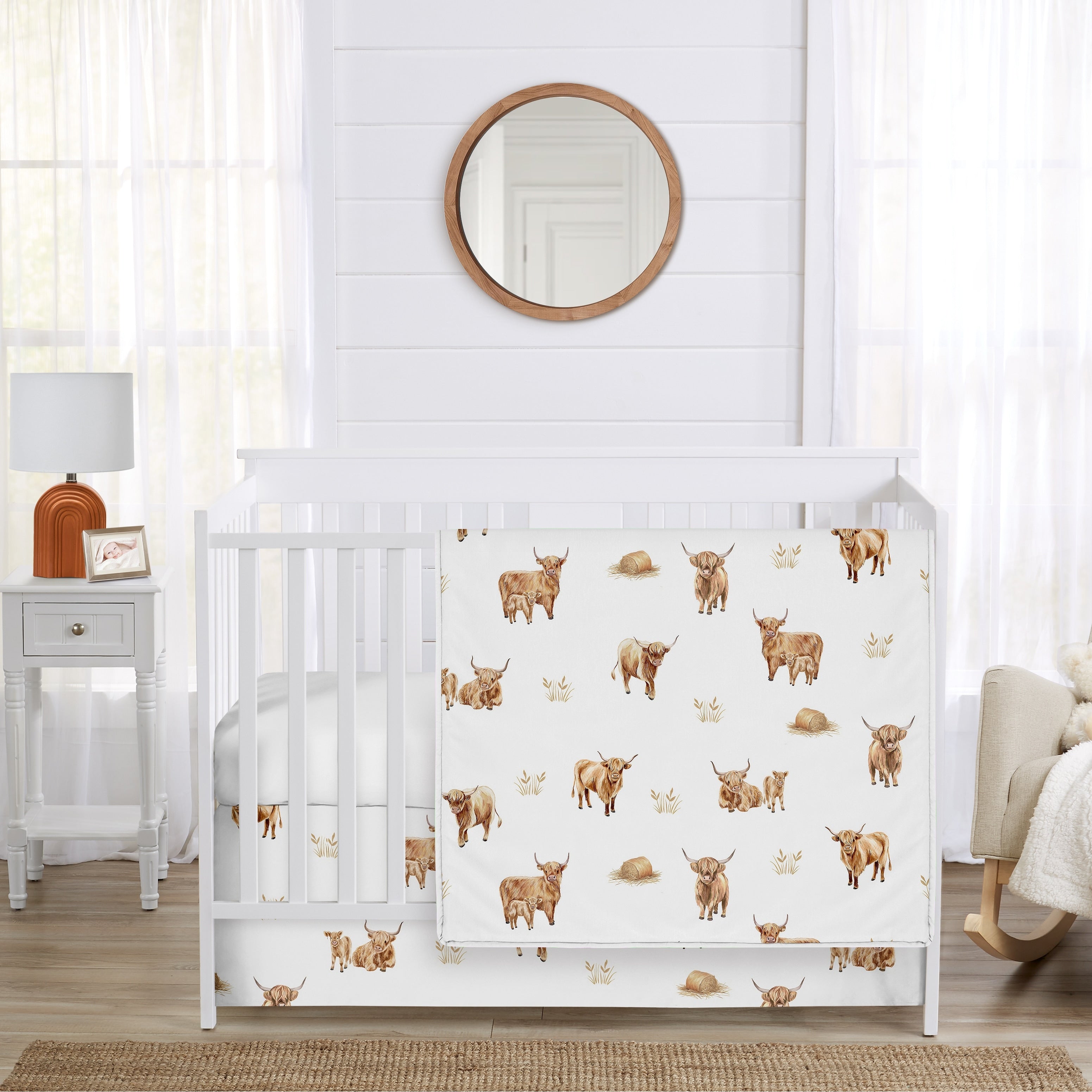 Sweet Jojo Designs Boho Highland Cow Boy Girl Gender Neutral 3Pc Nursery Crib Bedding Set Farm Animal Watercolor Farmhouse