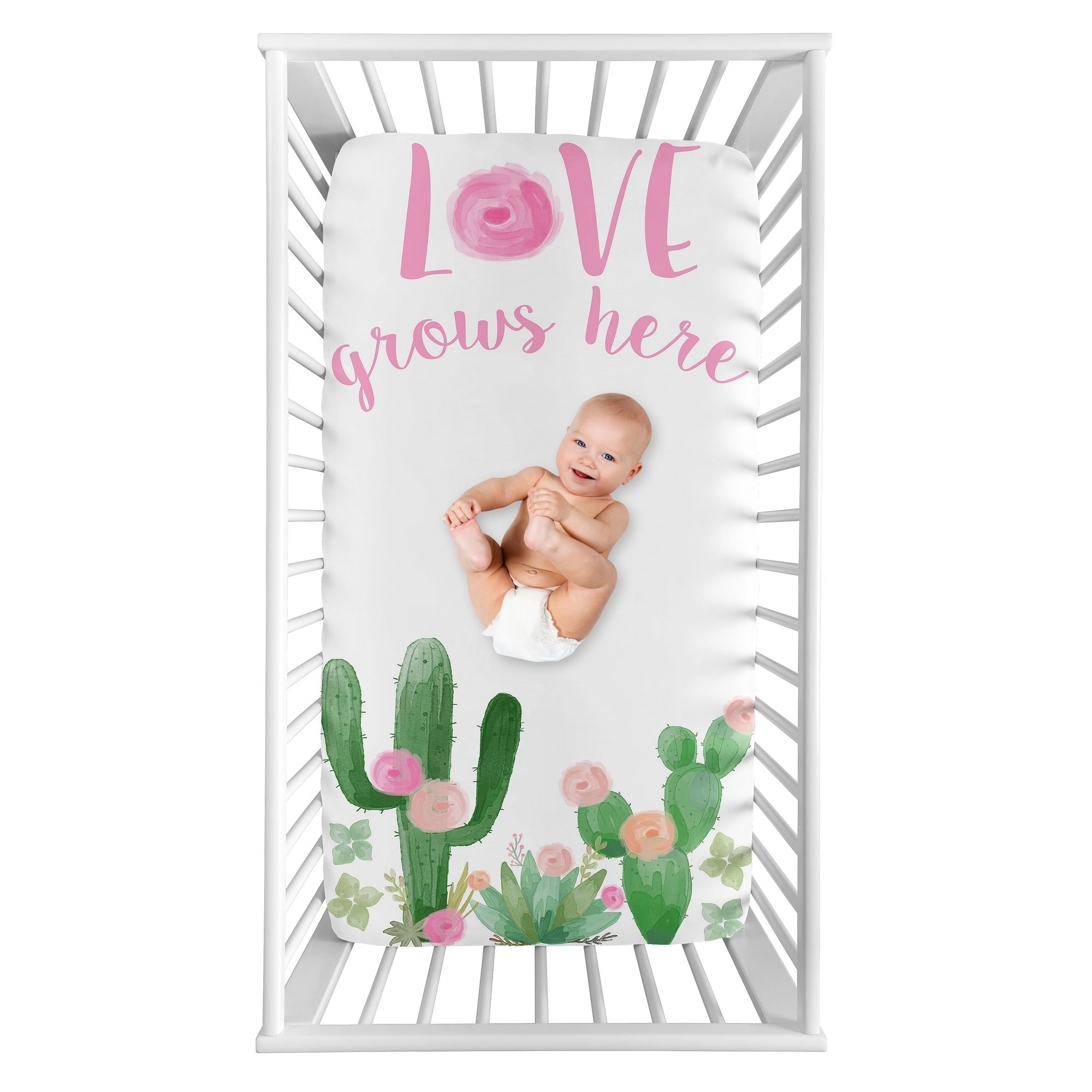 Sweet Jojo Designs Cactus Floral Collection Girl Photo Op Fitted Crib Sheet Pink And Green Boho Watercolor Love Grows Here