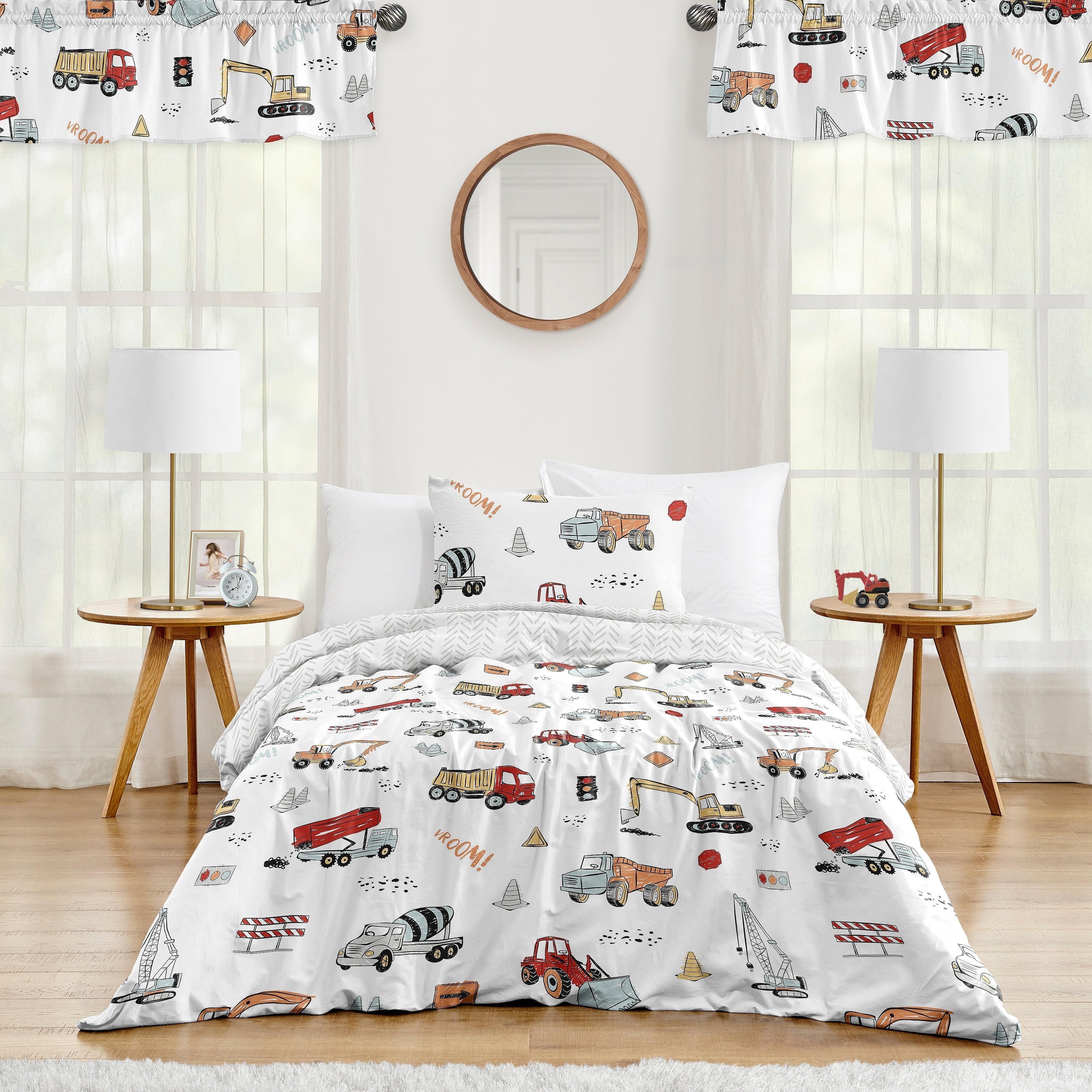 Sweet Jojo Designs Construction Truck Boy 4Pc Twin Comforter Set Grey Yellow Orange Red Blue Transportation Chevron