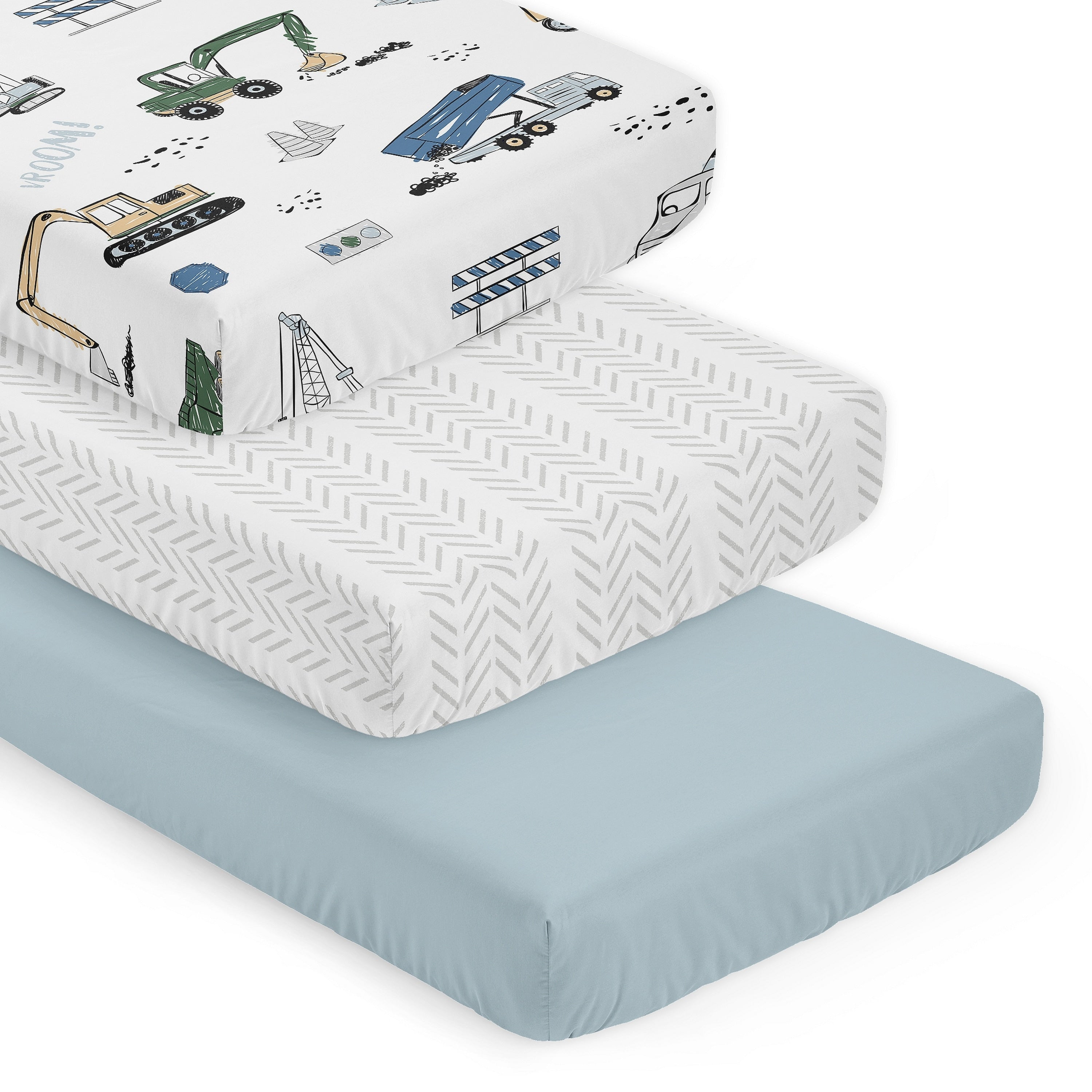 Sweet Jojo Designs Construction Truck Boy 3 Pack Fitted Crib Sheets White Grey Tire Track Solid Slate Blue And Transportation