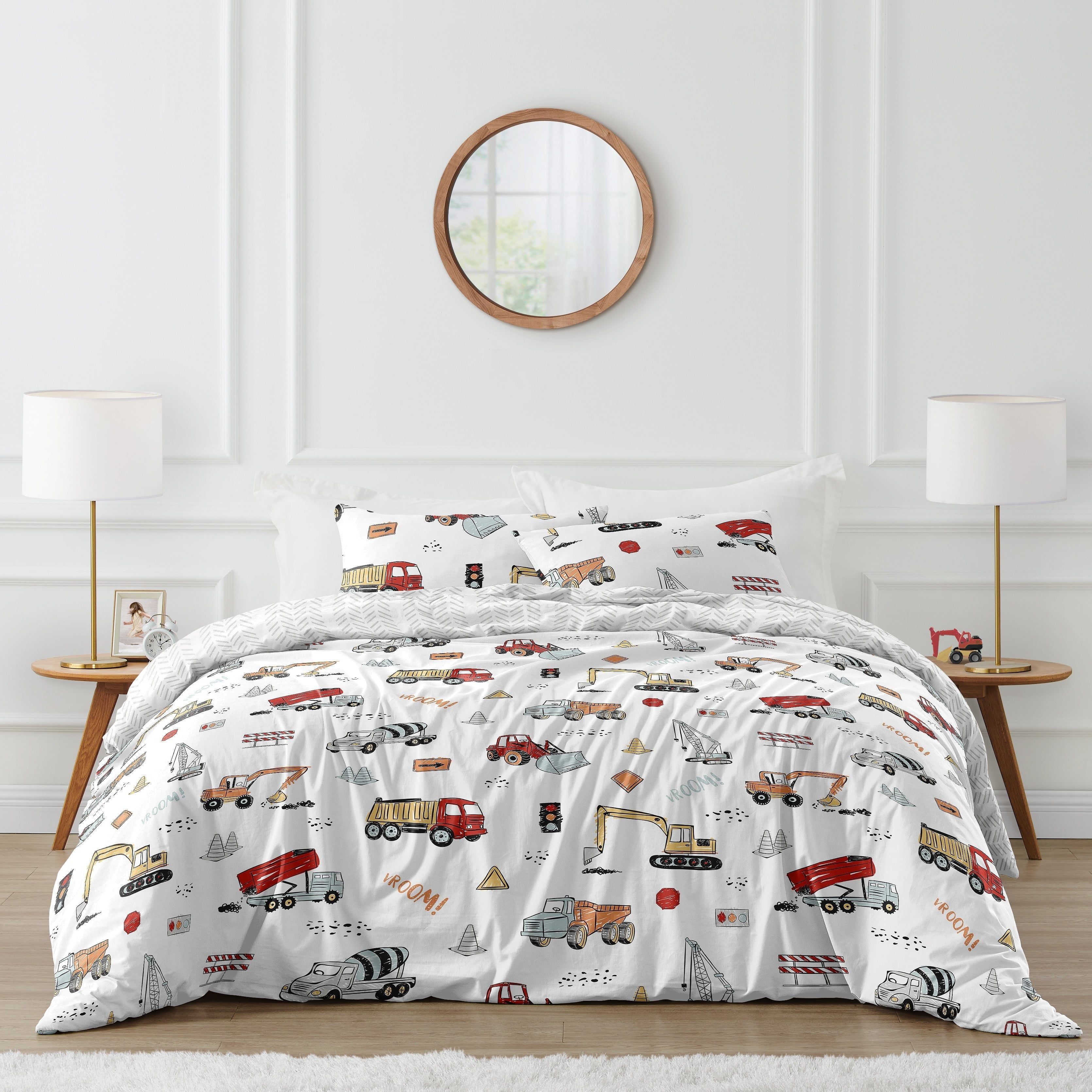 Sweet Jojo Designs Construction Truck Boy 3Pc Full Queen Comforter Set Grey Yellow Orange Red And Blue Transportation