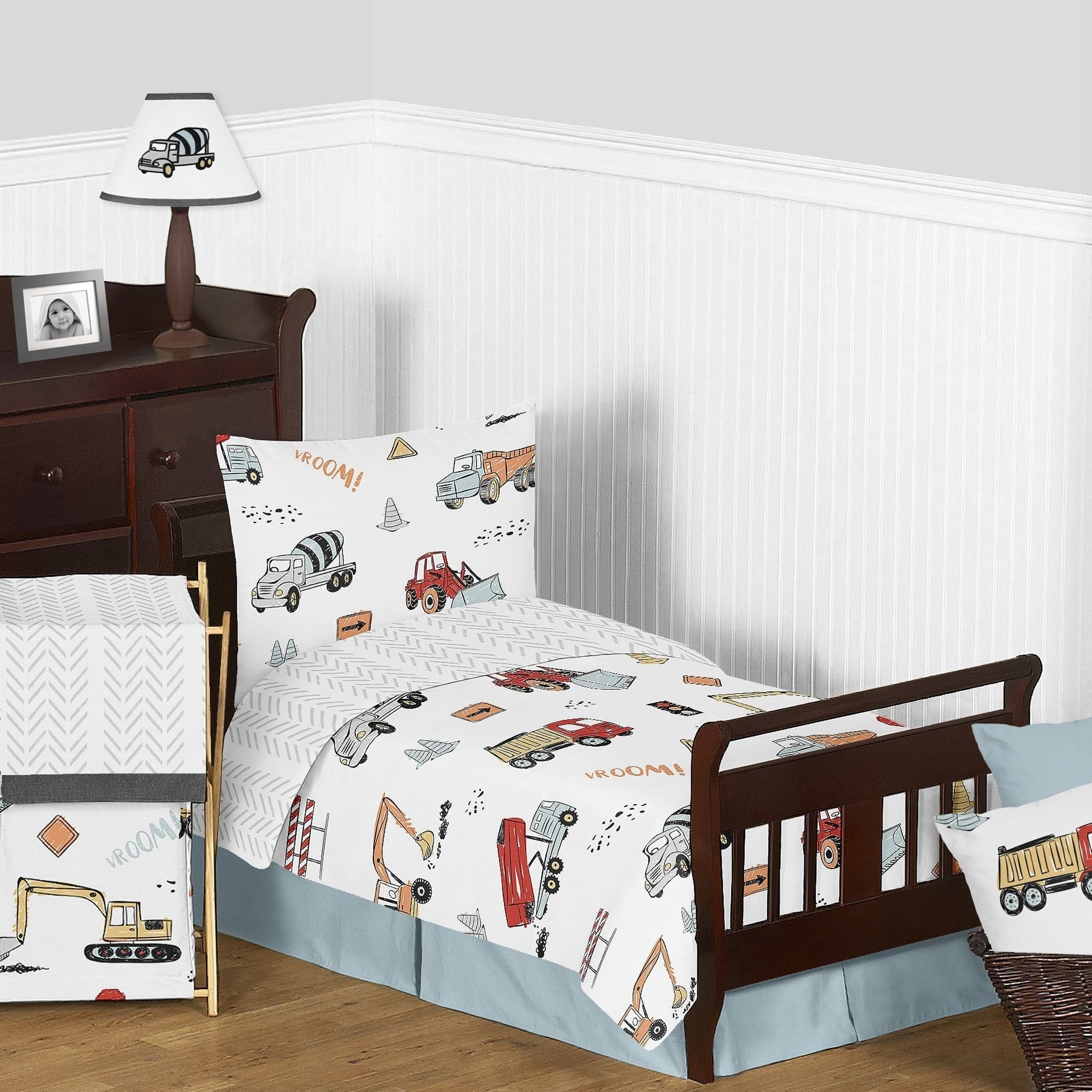 Sweet Jojo Designs Construction Truck Boy 5Pc Toddler Comforter Set Grey Yellow Orange Red Blue Transportation Chevron