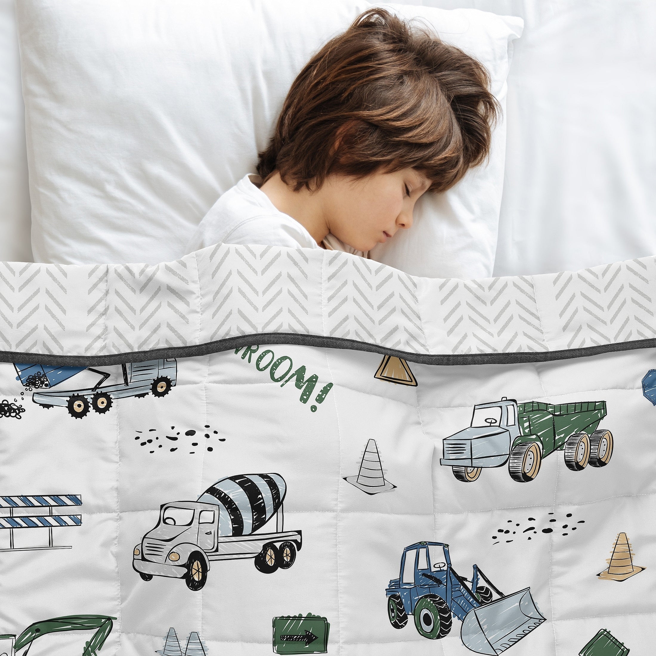 Sweet Jojo Designs Construction Truck Boy Toddler Weighted Blanket 5Lbs For Kids White Grey Tire Track Green Blue Vehicles