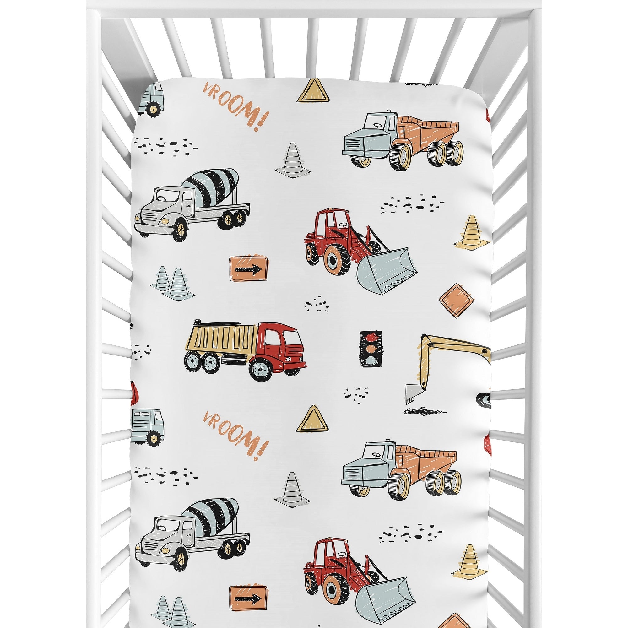 Sweet Jojo Designs Construction Truck Collection Boy Fitted Crib Sheet Grey Yellow Orange Red And Blue Transportation