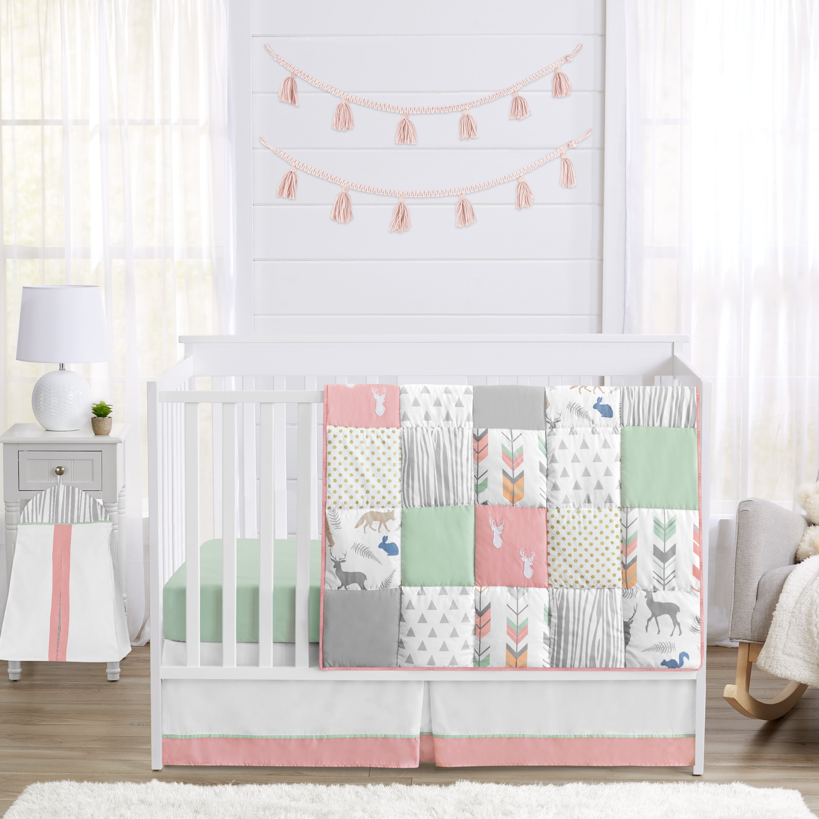 Sweet Jojo Designs Coral And Mint Woodsy Collection 4 Piece Bumperless Crib Bedding Set