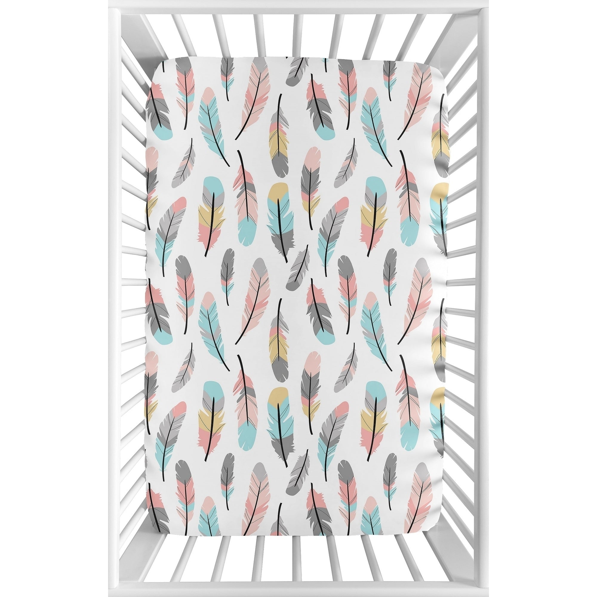Sweet Jojo Designs Coral And Turquoise Feather Collection Fitted Mini Portable Crib Sheet