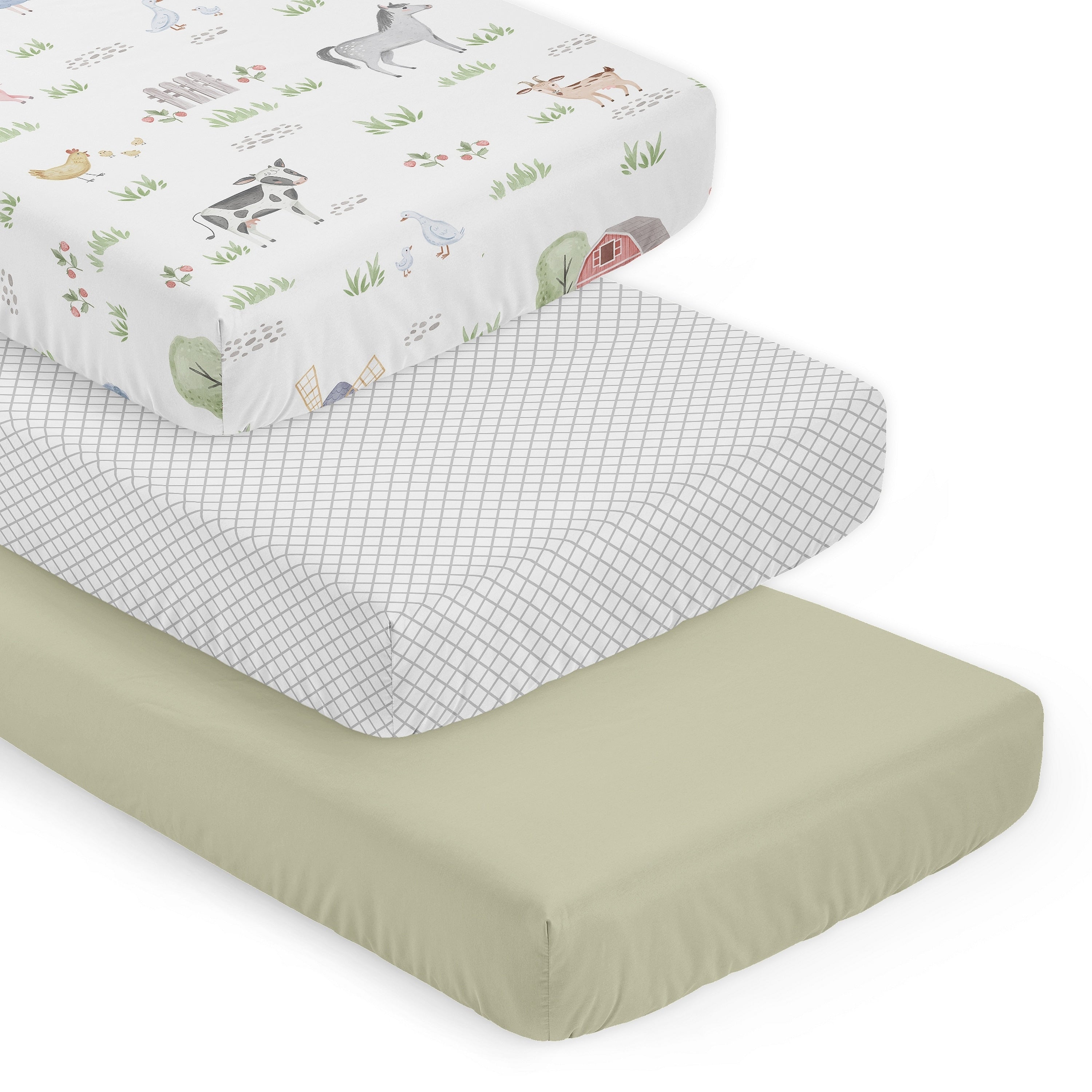 Sweet Jojo Designs Farm Animals Boy Girl Unisex Gender Neutral 3 Pack Fitted Crib Sheets White Grey Lattice Solid Sage Green