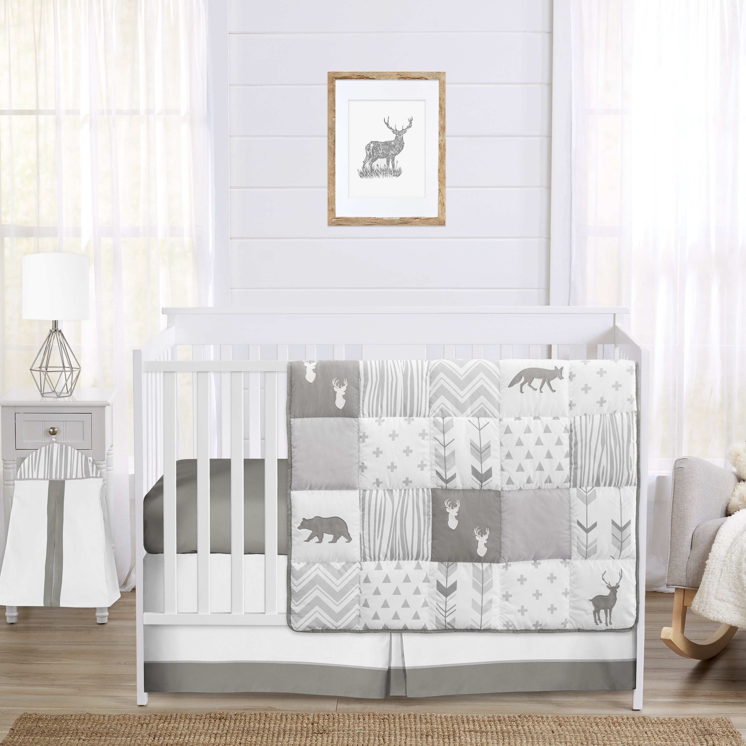 Sweet Jojo Designs Grey And White Woodsy Collection 4 Piece Bumperless Crib Bedding Set