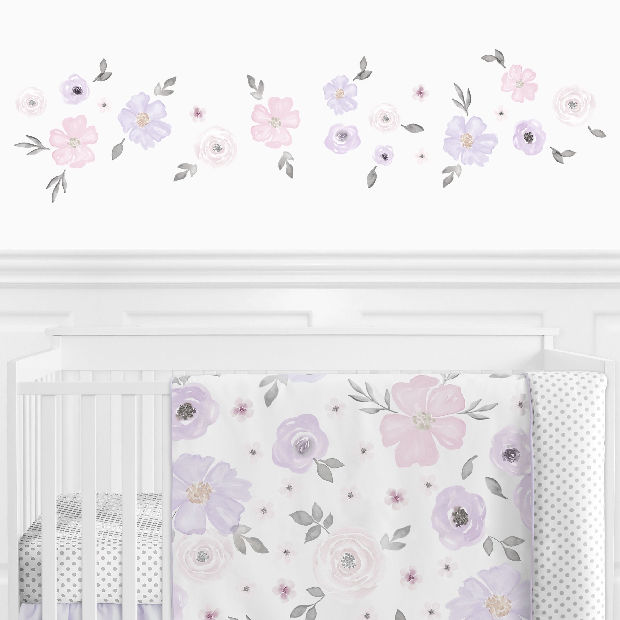 Sweet Jojo Designs Lavender Purple Pink Grey Watercolor Floral Wall Decal Stickers Art Nursery Decor Set Of 4 Rose Flower