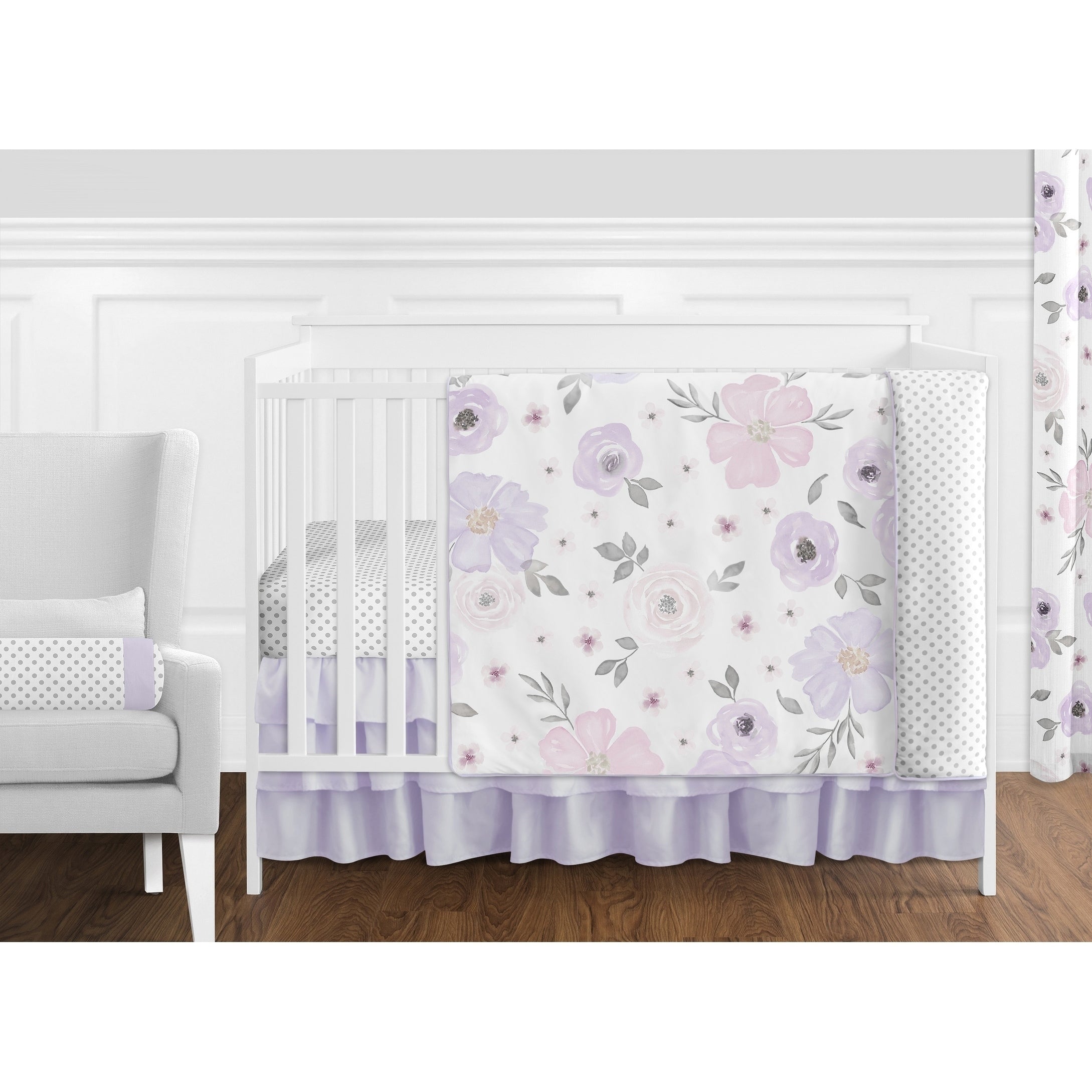 Sweet Jojo Designs Lavender Purple Pink Grey White Shabby Chic Watercolor Floral Collection 11 Piece Nursery Crib Bedding Set