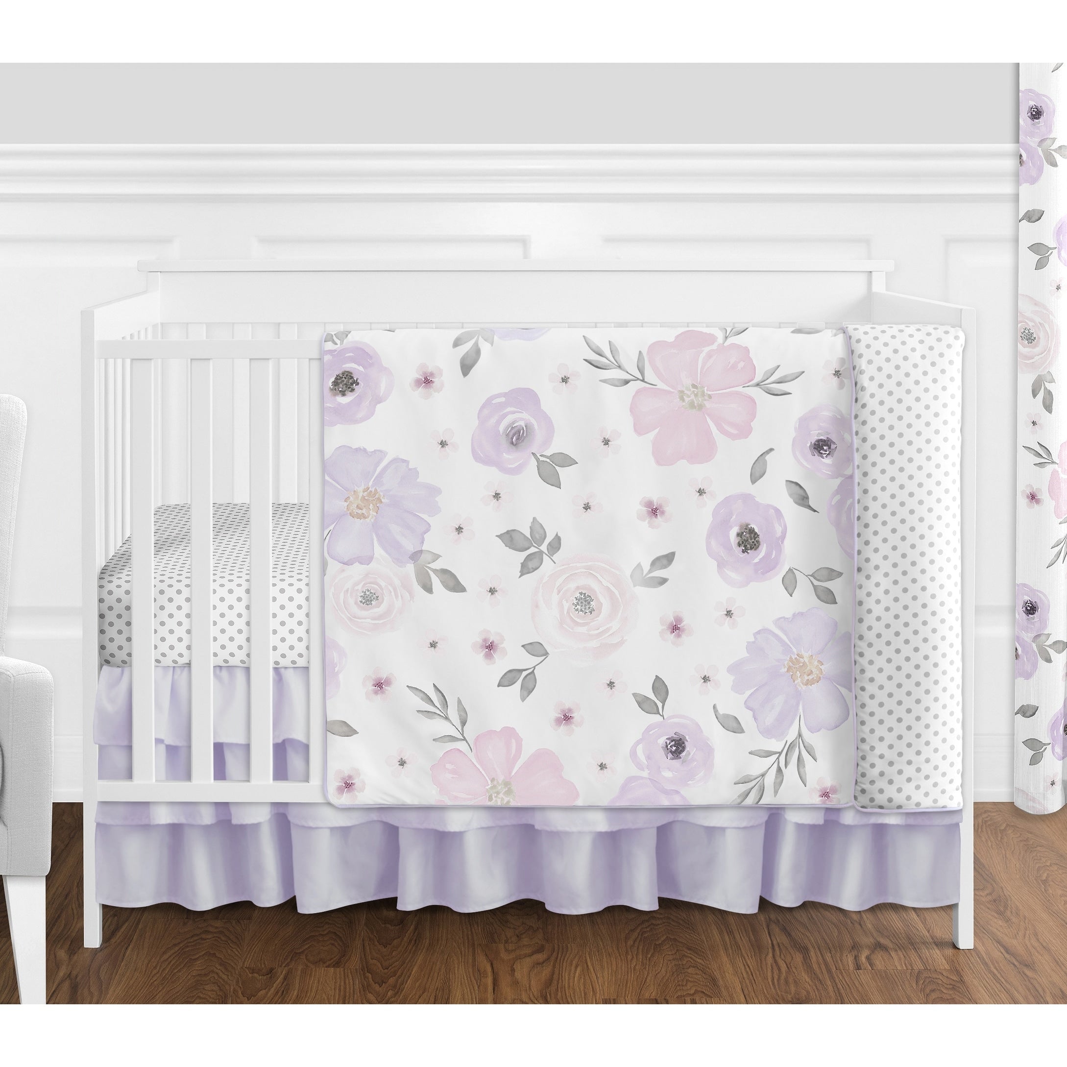 Sweet Jojo Watercolor Floral Lavender Shabby Chic 4 Piece Nursery Crib Bedding Set
