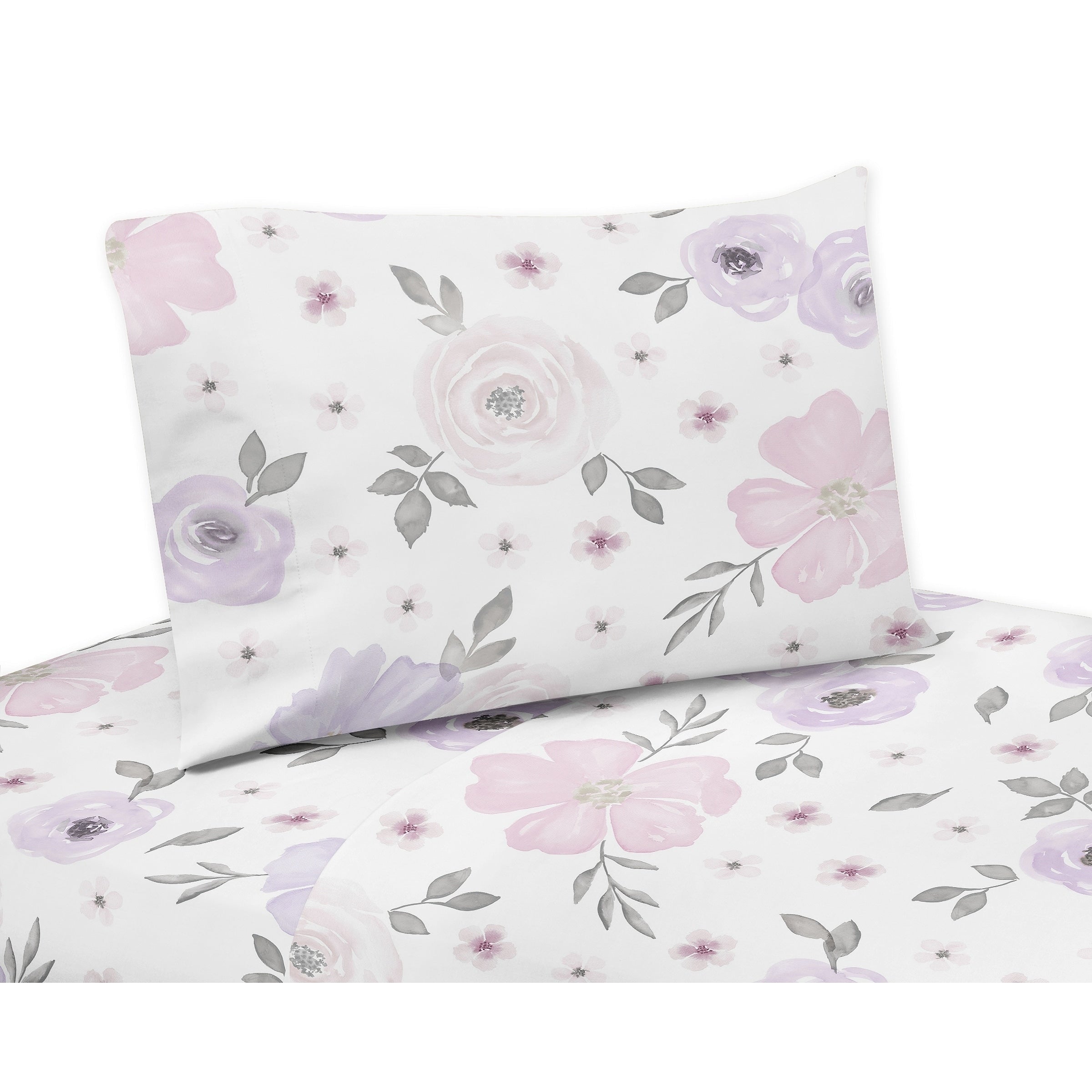 Sweet Jojo Designs Lavender Purple Pink Grey And White Watercolor Floral Collection 4 Piece Queen Sheet Set