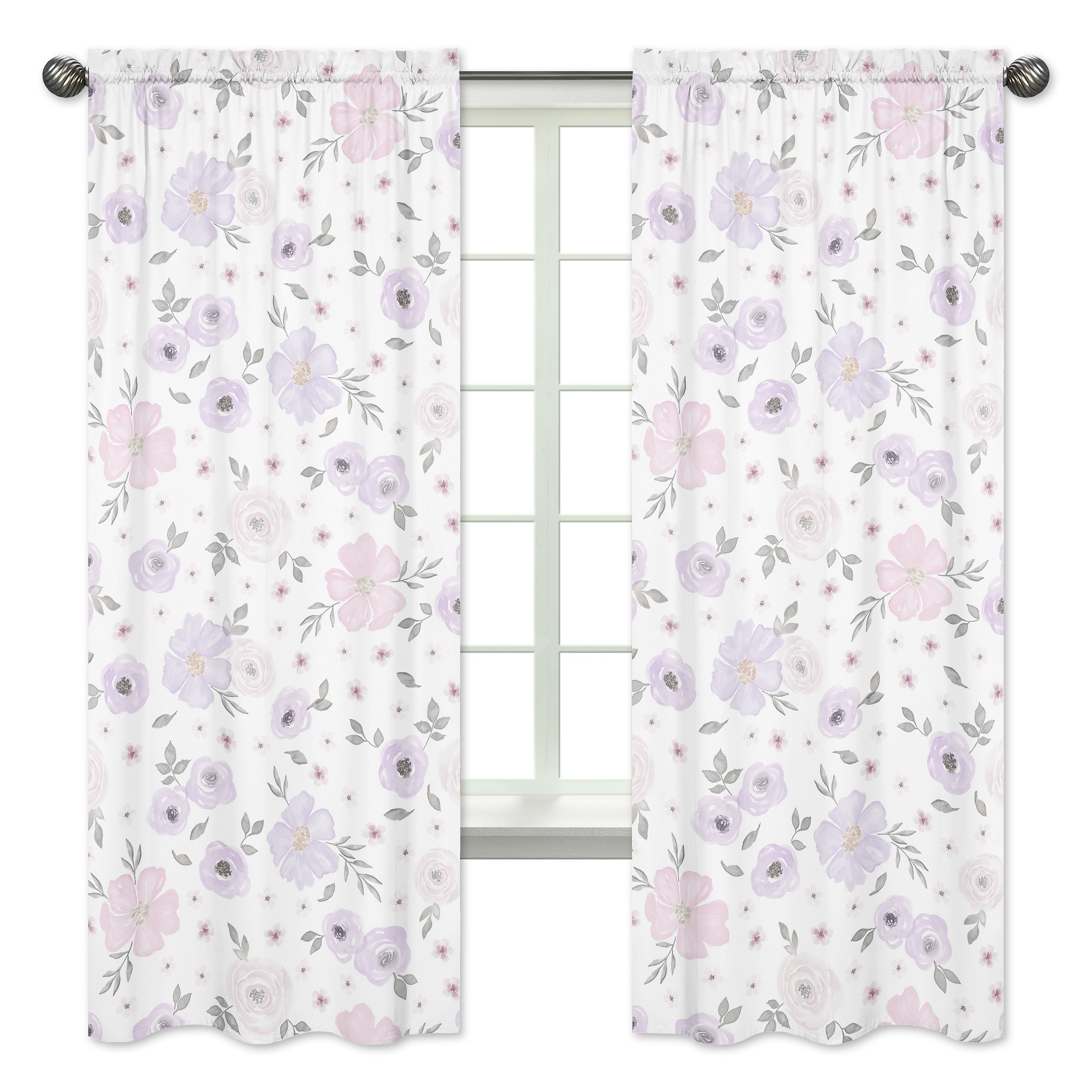 Sweet Jojo Designs Lavender Purple Pink Grey And White Watercolor Floral Collection 84 Inch Window Treatment Curtain Panel Pair