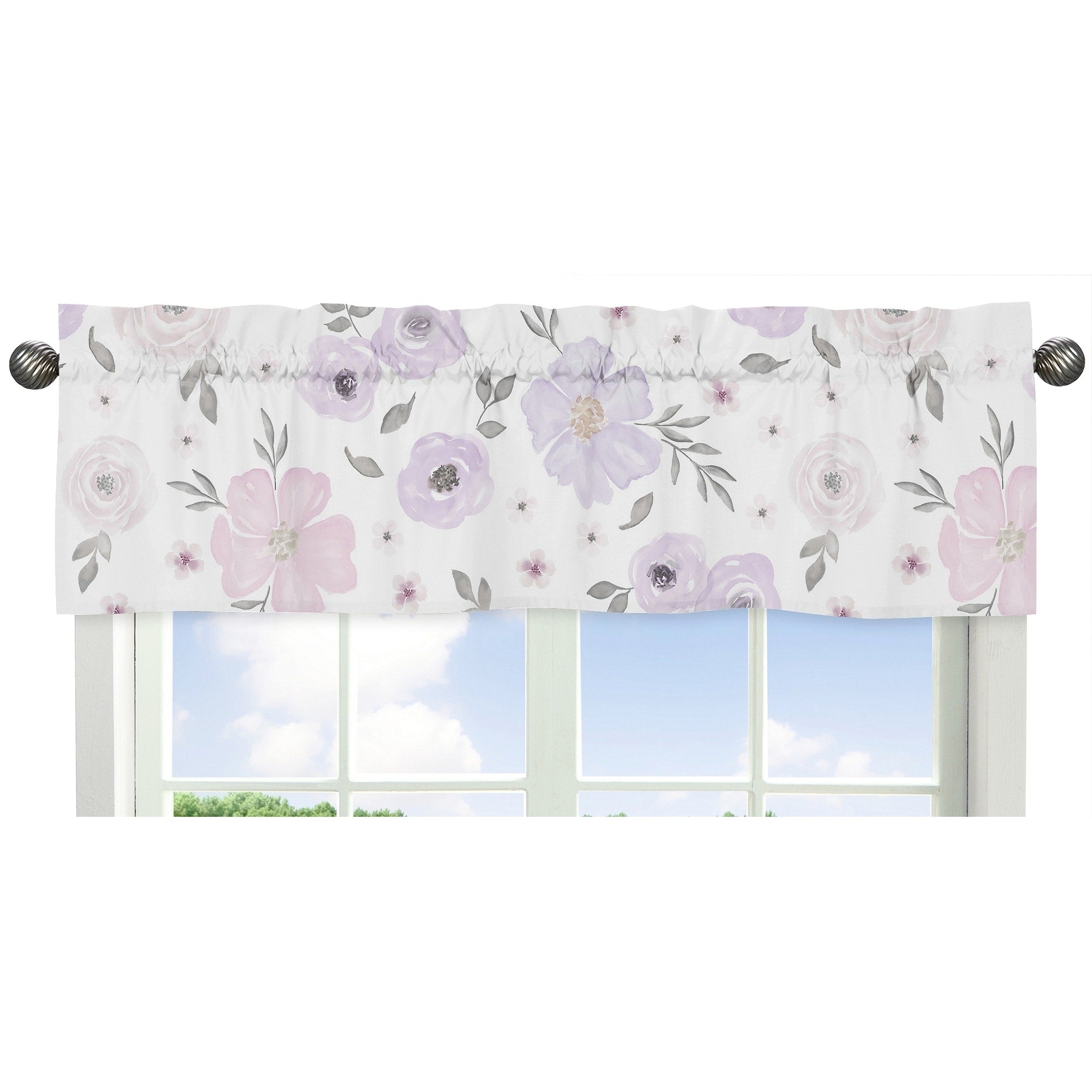 Sweet Jojo Designs Lavender Purple Pink Grey And White Watercolor Floral Collection Window Curtain Valance