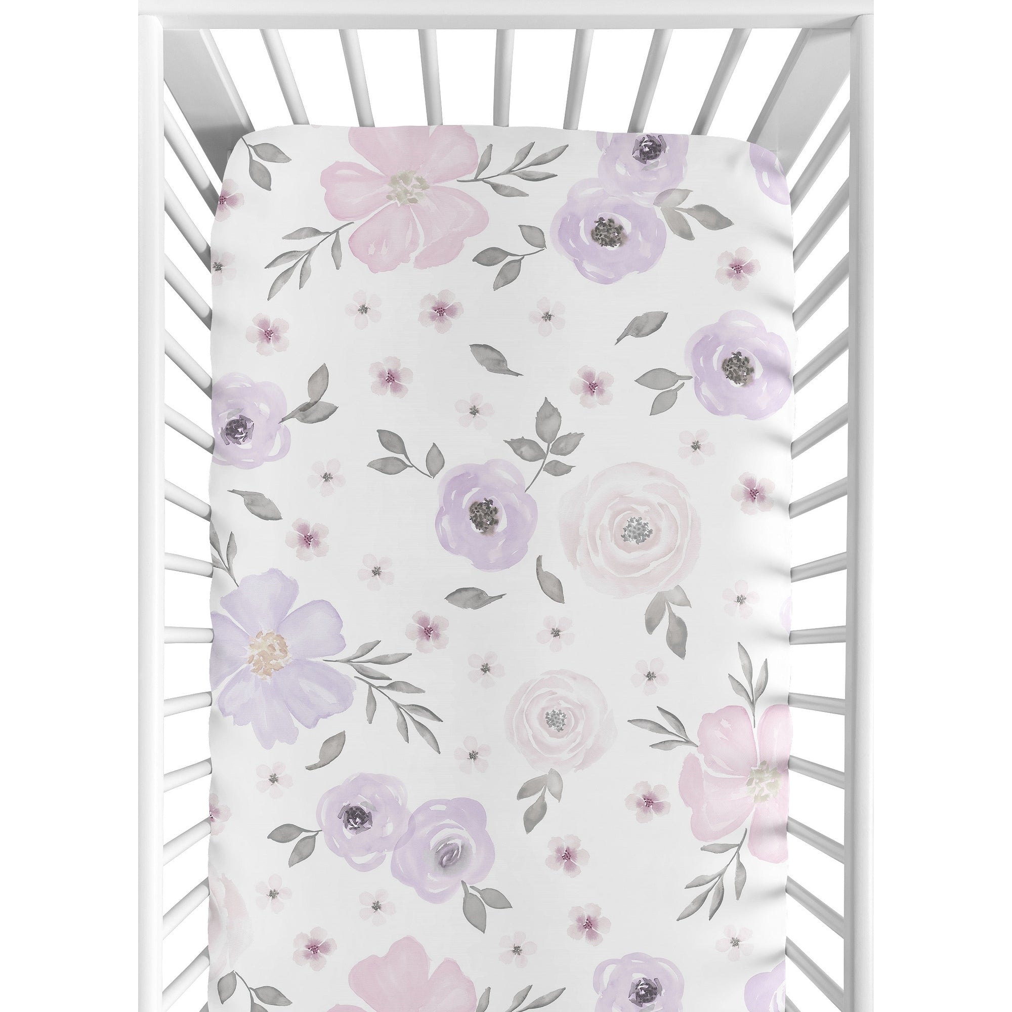 Sweet Jojo Designs Lavender Purple Pink Grey And White Watercolor Floral Collection Fitted Crib Sheet