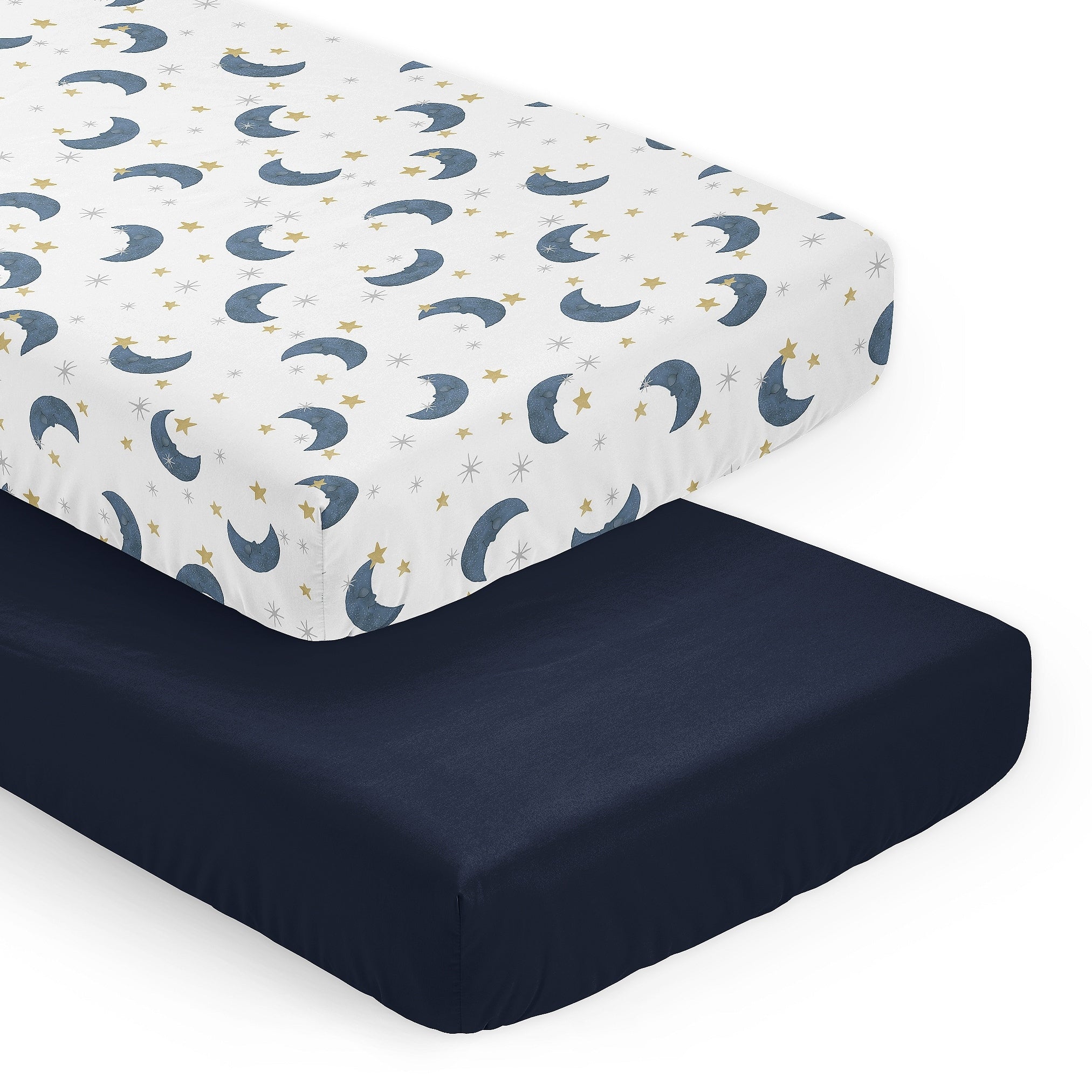 Sweet Jojo Designs Moon And Star Boy Girl Unisex Gender Neutral 2 Pack Fitted Crib Sheets Solid Blue Watercolor Celestial
