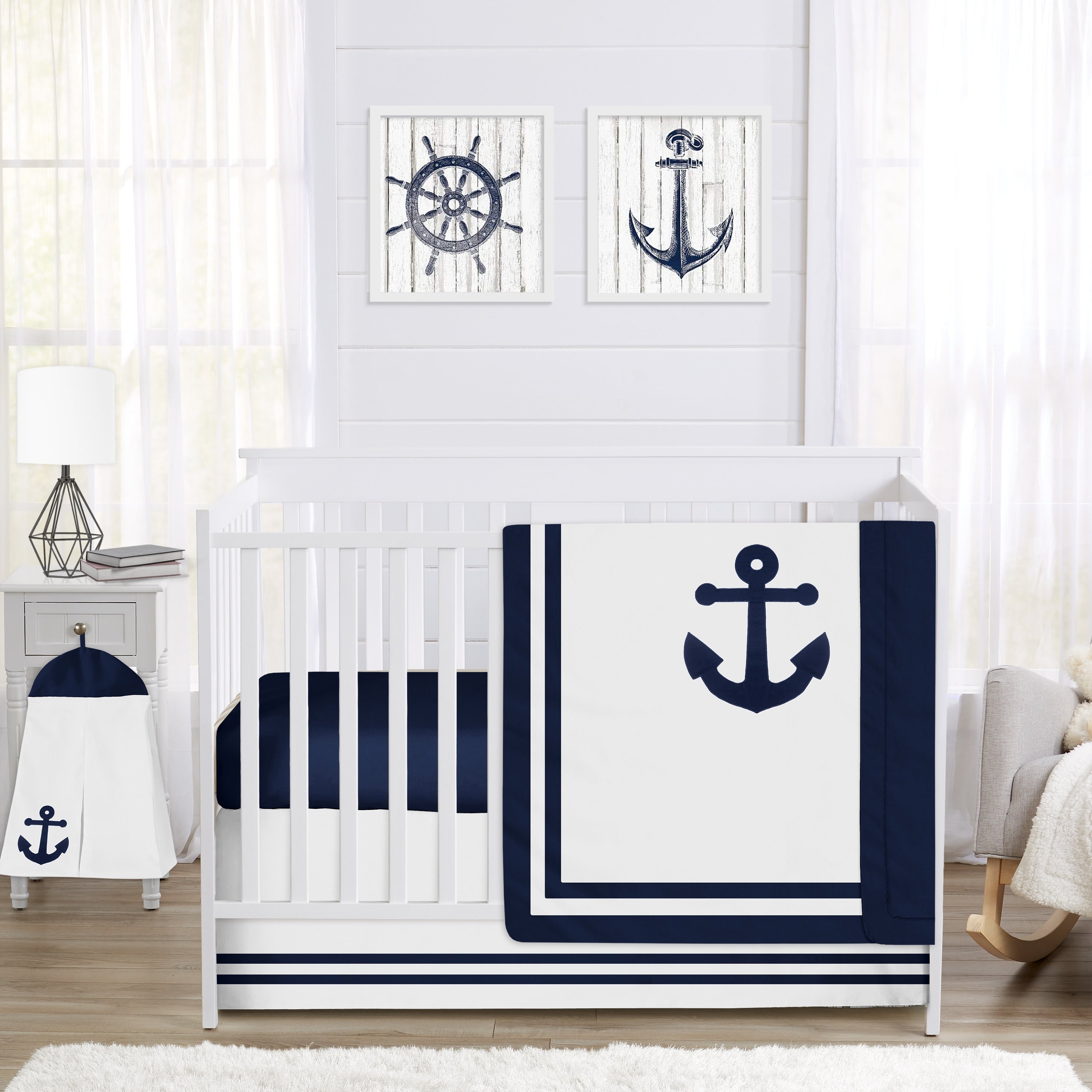 Sweet Jojo Designs Navy Blue Anchors Away Collection 4 Piece Bumperless Crib Bedding Set
