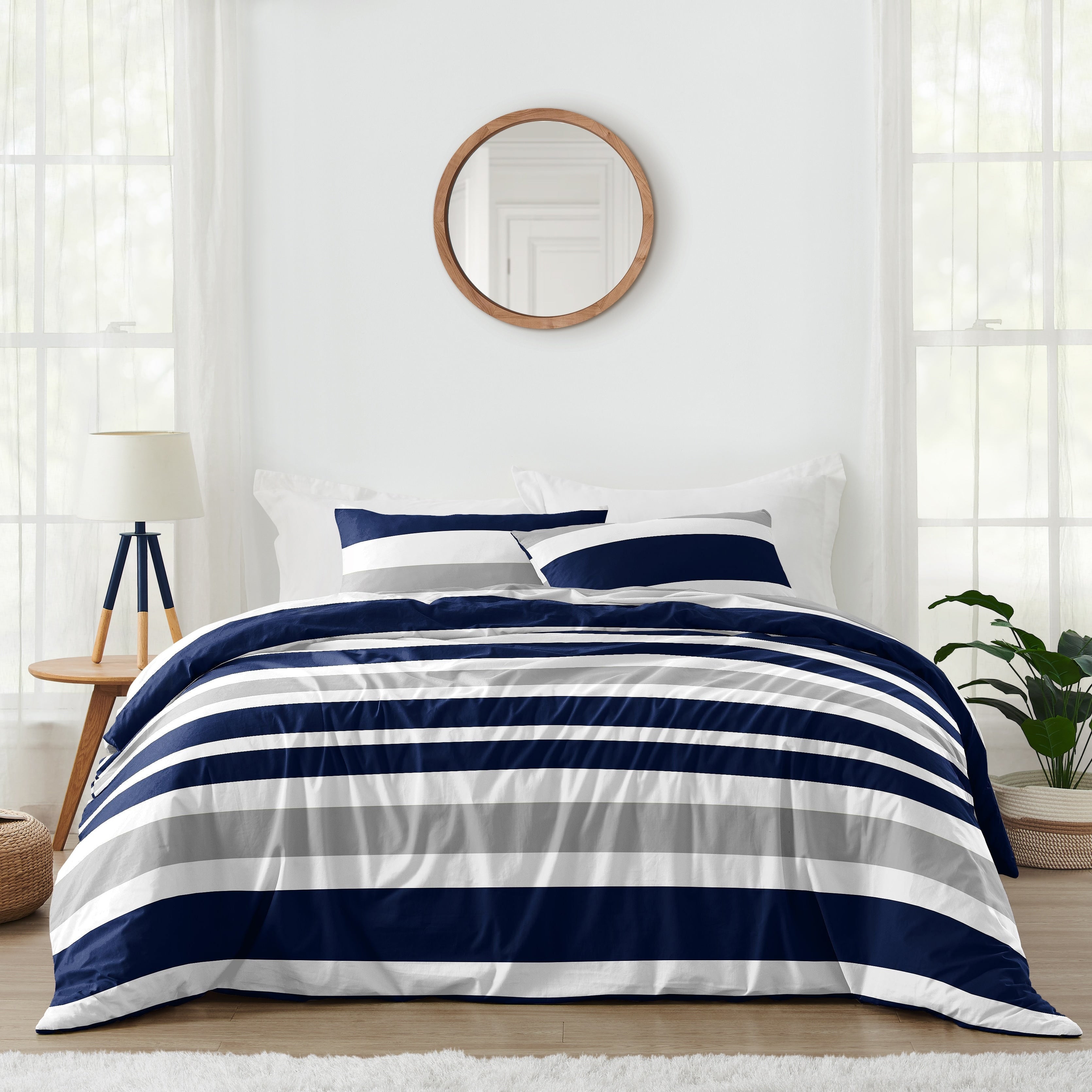 Sweet Jojo Designs Navy Blue Grey Stripe Boy Girl Unisex Gender Neutral King Duvet Cover Bedding Set Classic Modern Striped