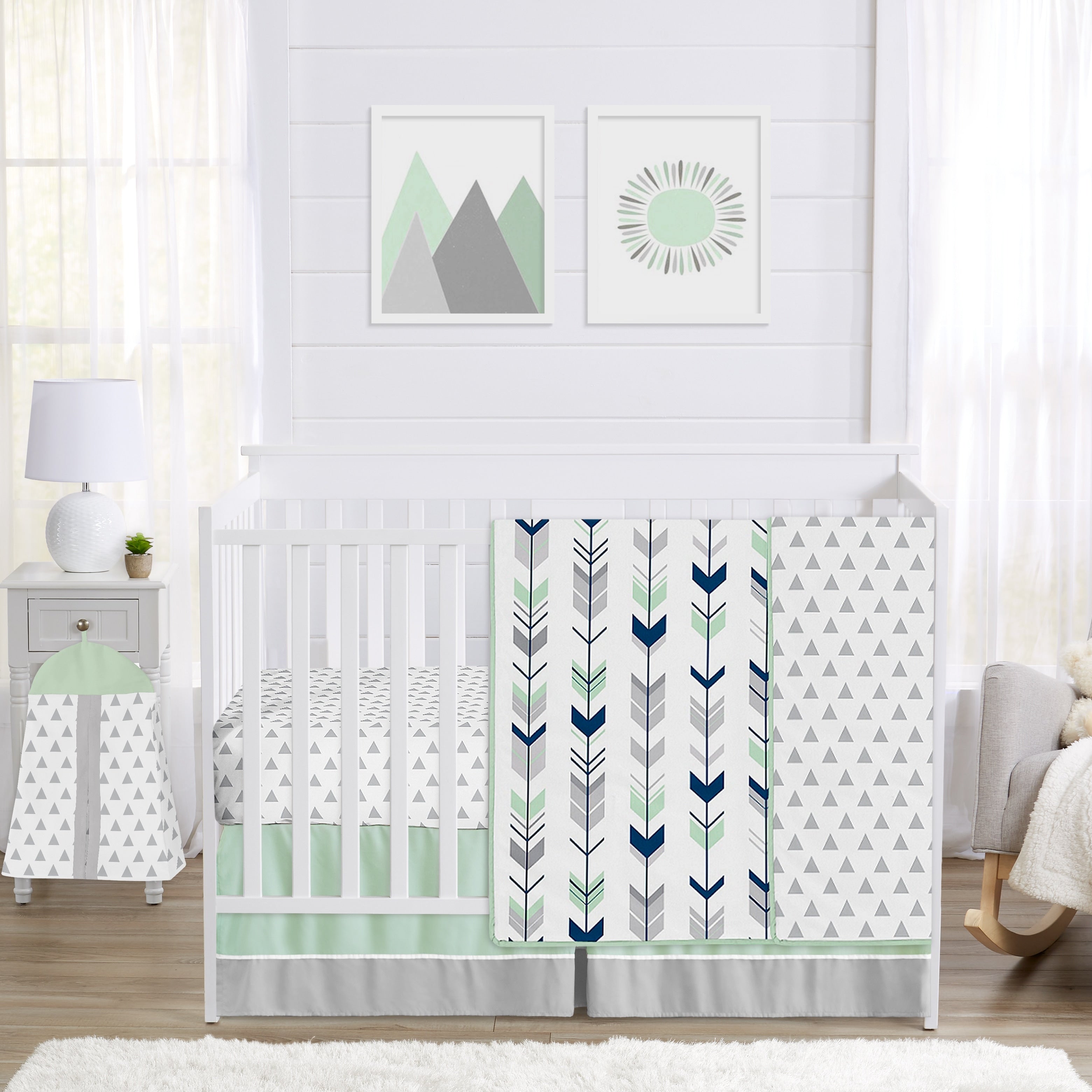Sweet Jojo Designs Navy Blue Grey And Mint Mod Arrow Collection 4 Piece Bumperless Crib Bedding Set
