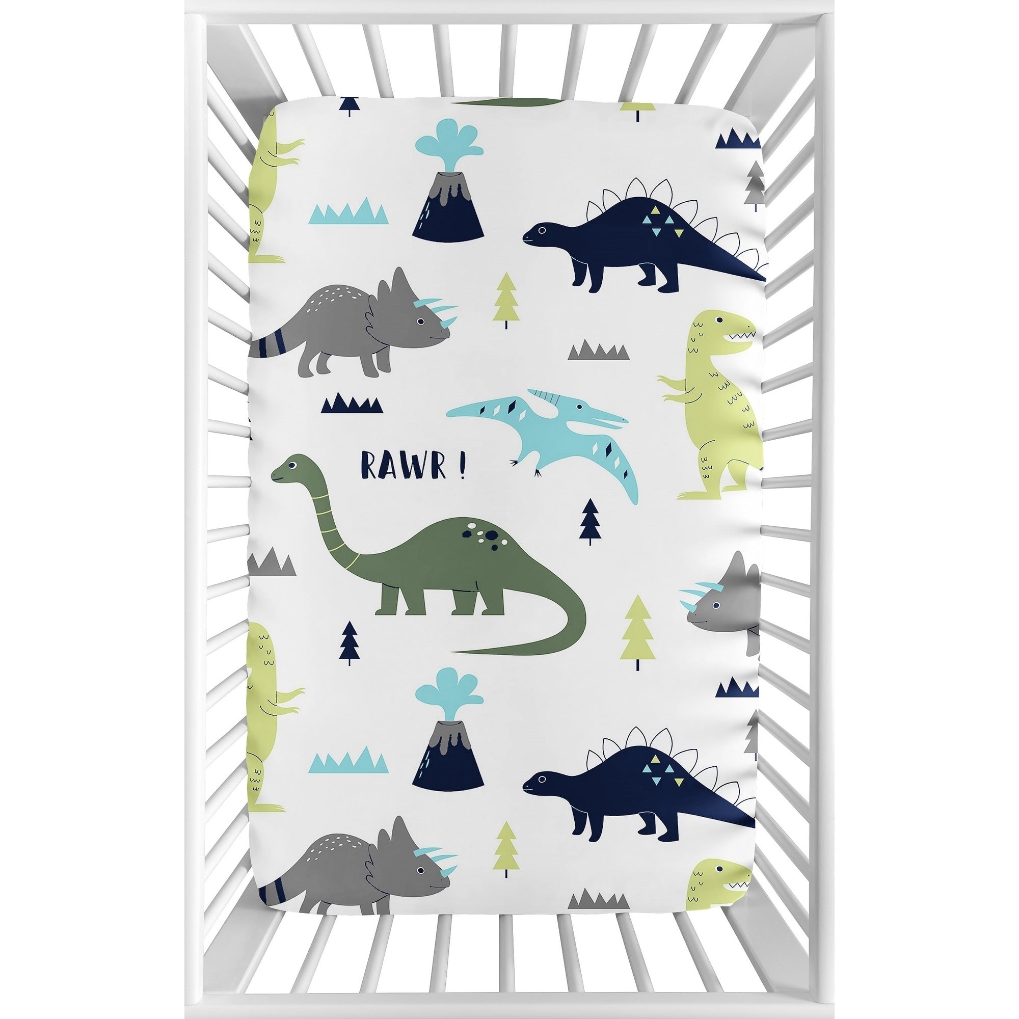 Sweet Jojo Designs Navy Blue Turquoise And Grey Dinosaur Mod Dino Collection Fitted Mini Portable Crib Sheet