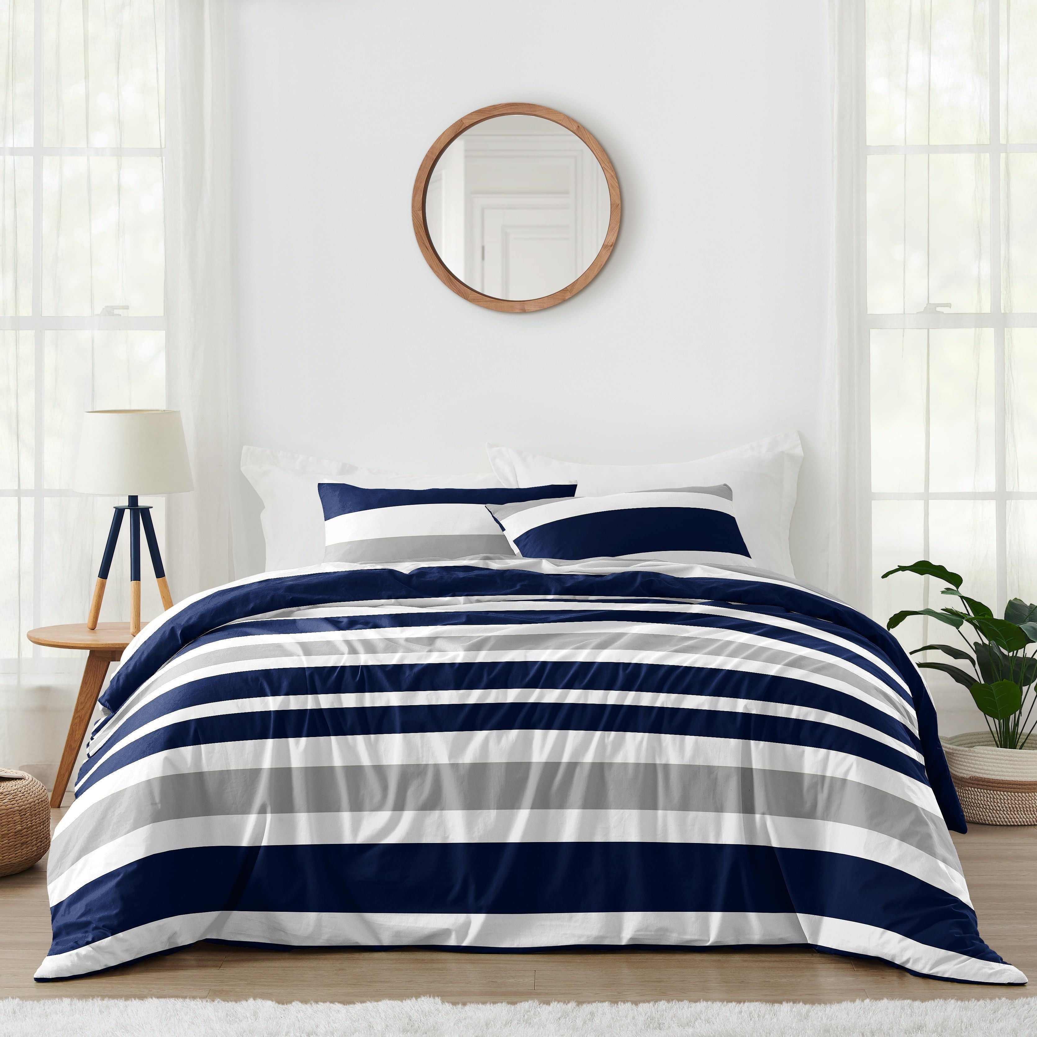 Sweet Jojo Designs Navy Blue And Gray Stripe 3 Piece Full Queen Size Comforter Set