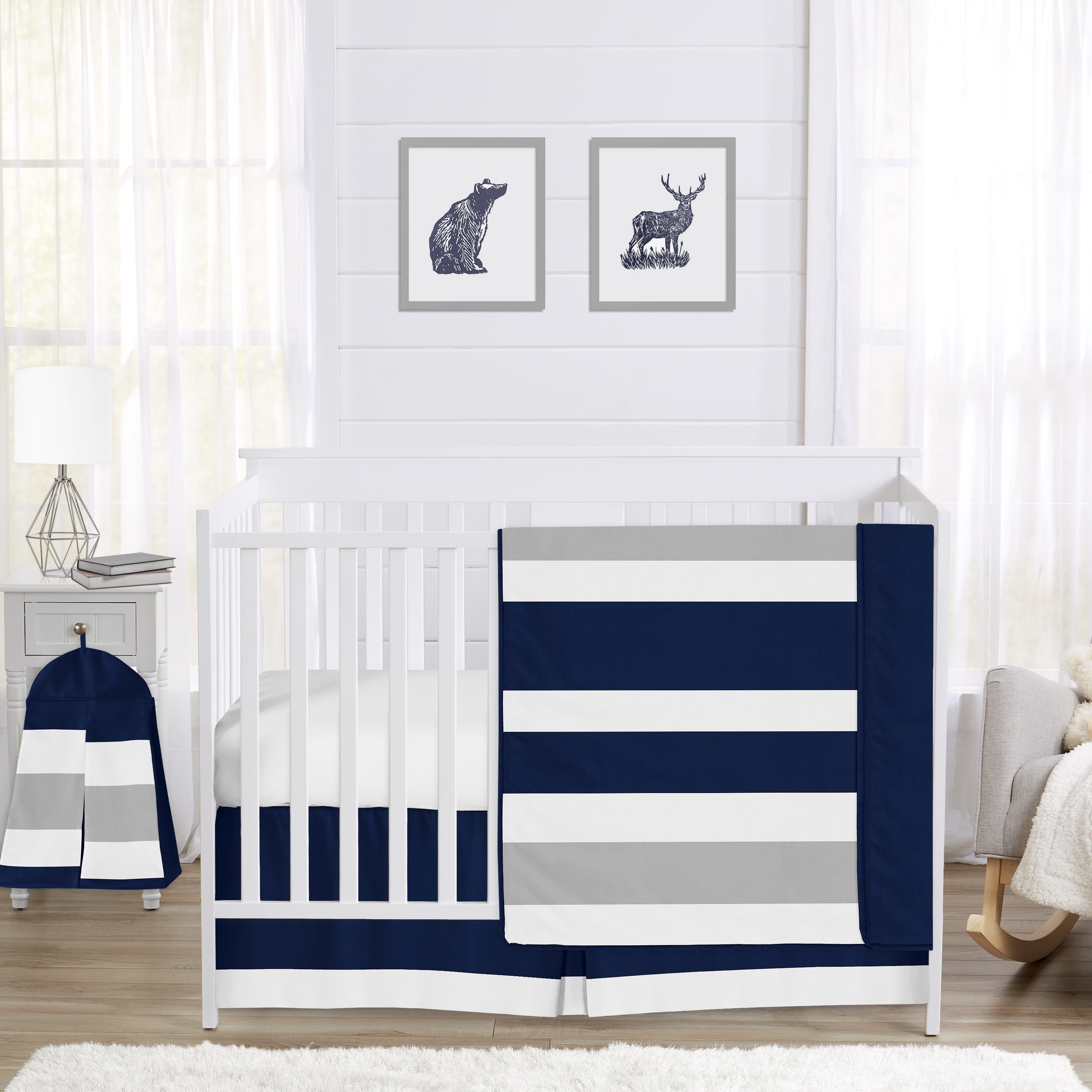 Sweet Jojo Designs Navy Blue And Grey Striped Microfiber Collection 4 Piece Bumperless Crib Bedding Set