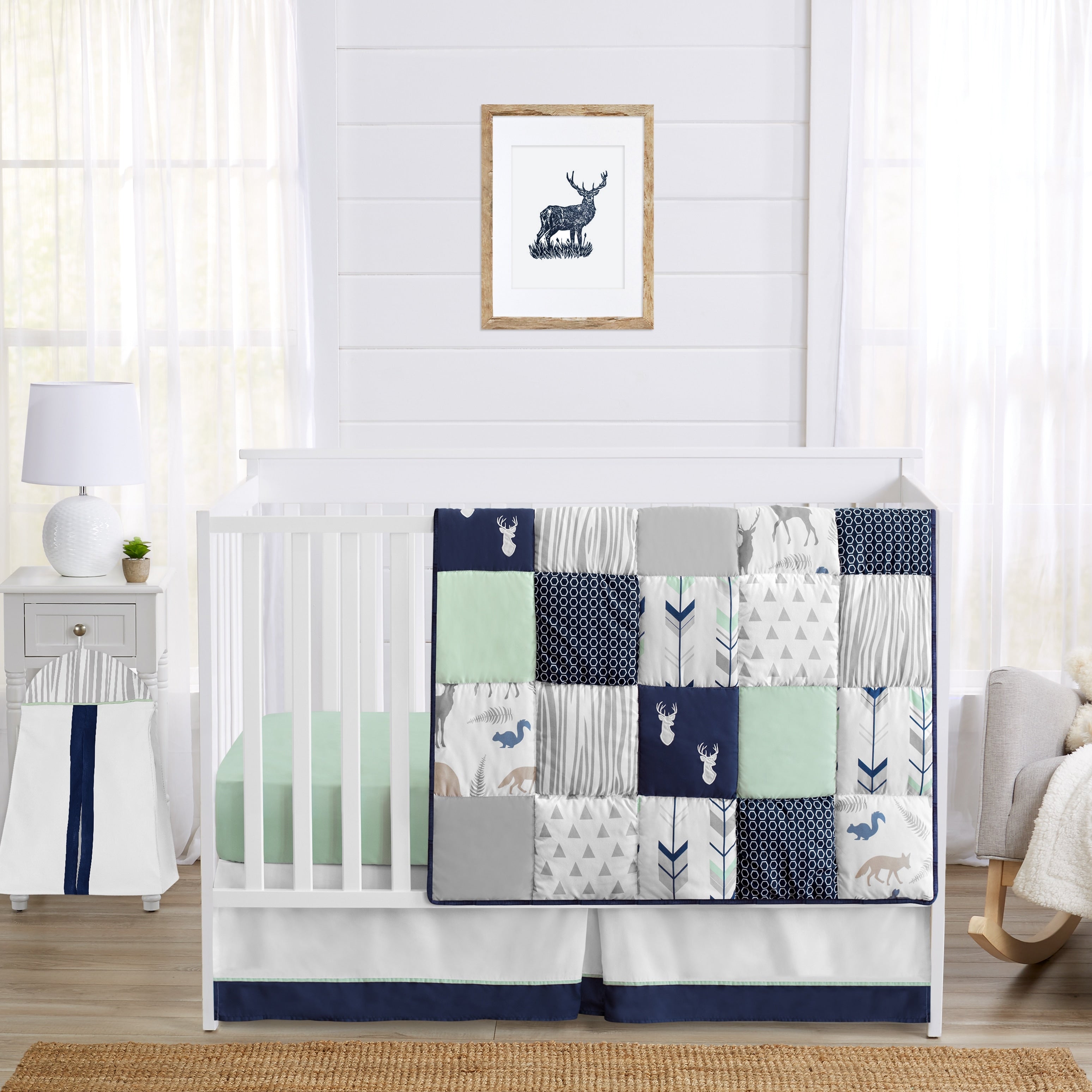 Sweet Jojo Designs Navy And Mint Woodsy Collection 4 Piece Bumperless Crib Bedding Set