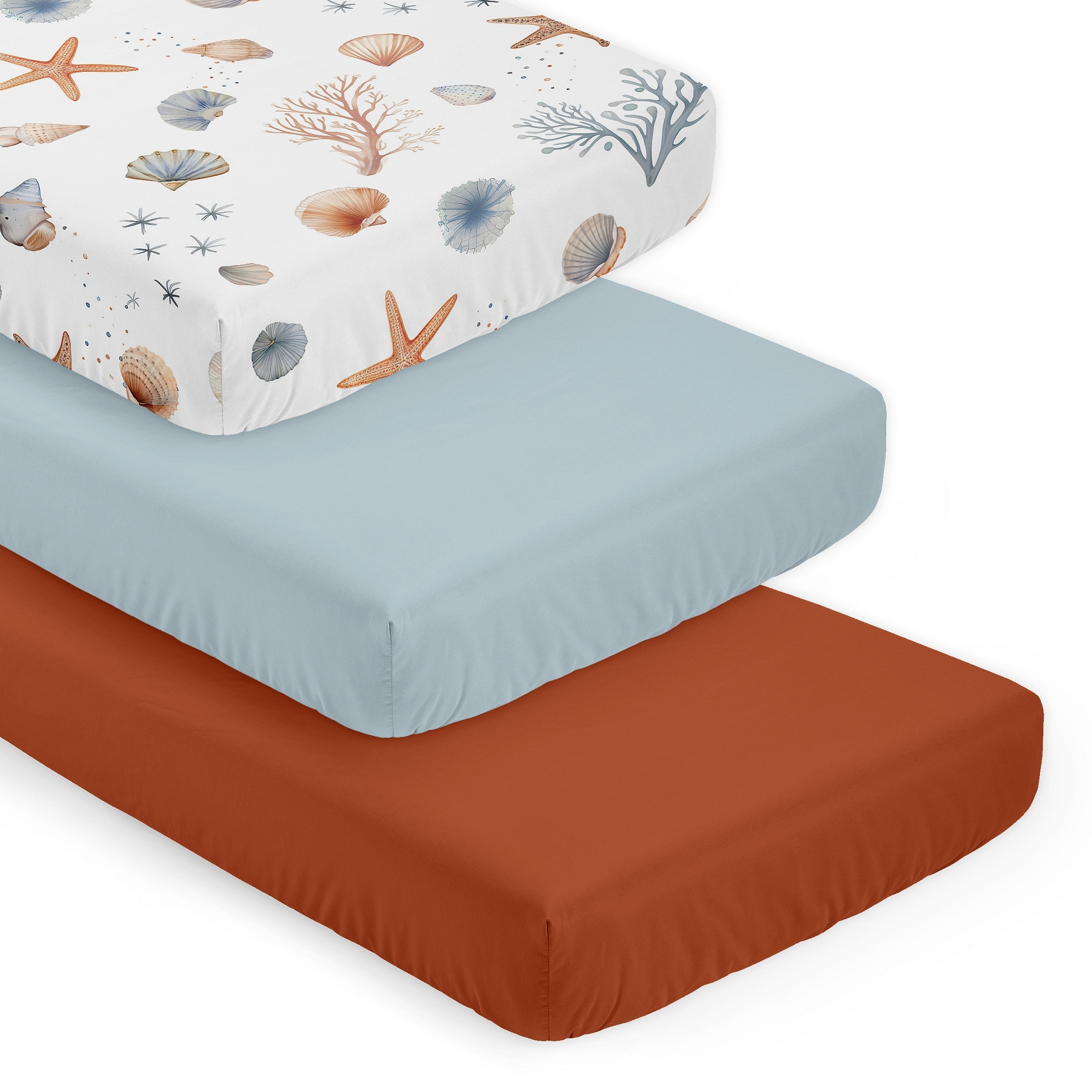 Sweet Jojo Designs Ocean Seashells Boy Girl Unisex Gender Neutral 3 Pack Fitted Crib Sheets Nautical And Solid Blue Orange
