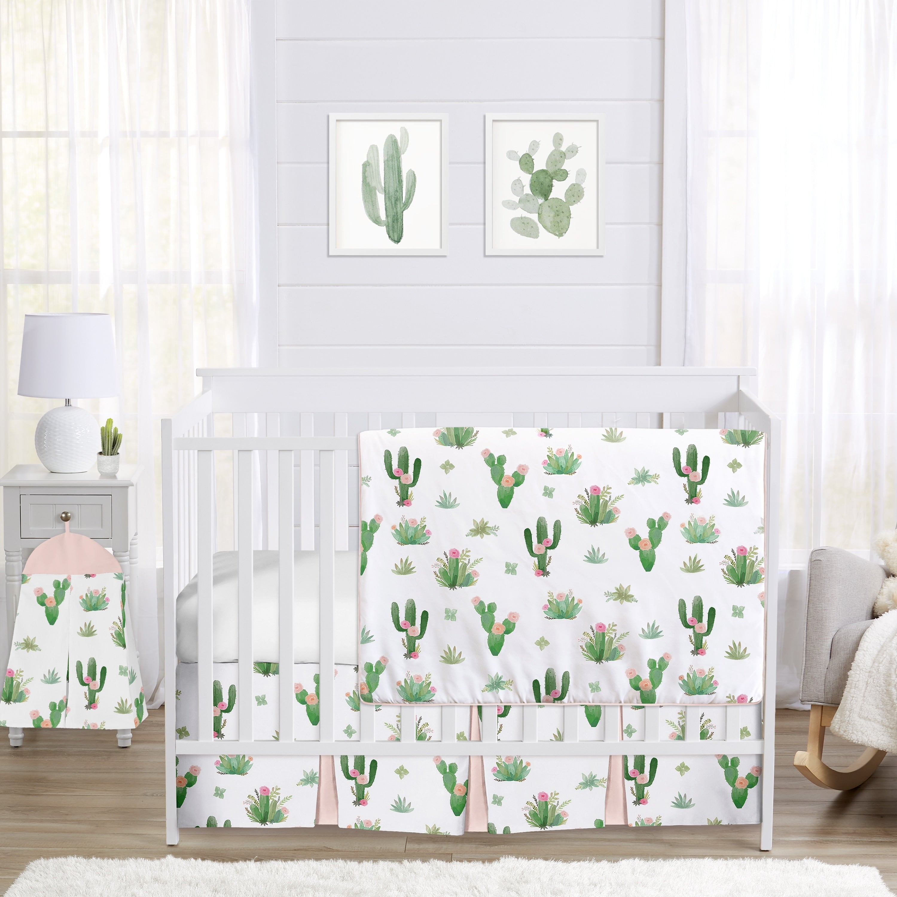 Sweet Jojo Designs Pink And Green Boho Watercolor Cactus Floral Collection Girl 4 Piece Bumperless Crib Bedding Set