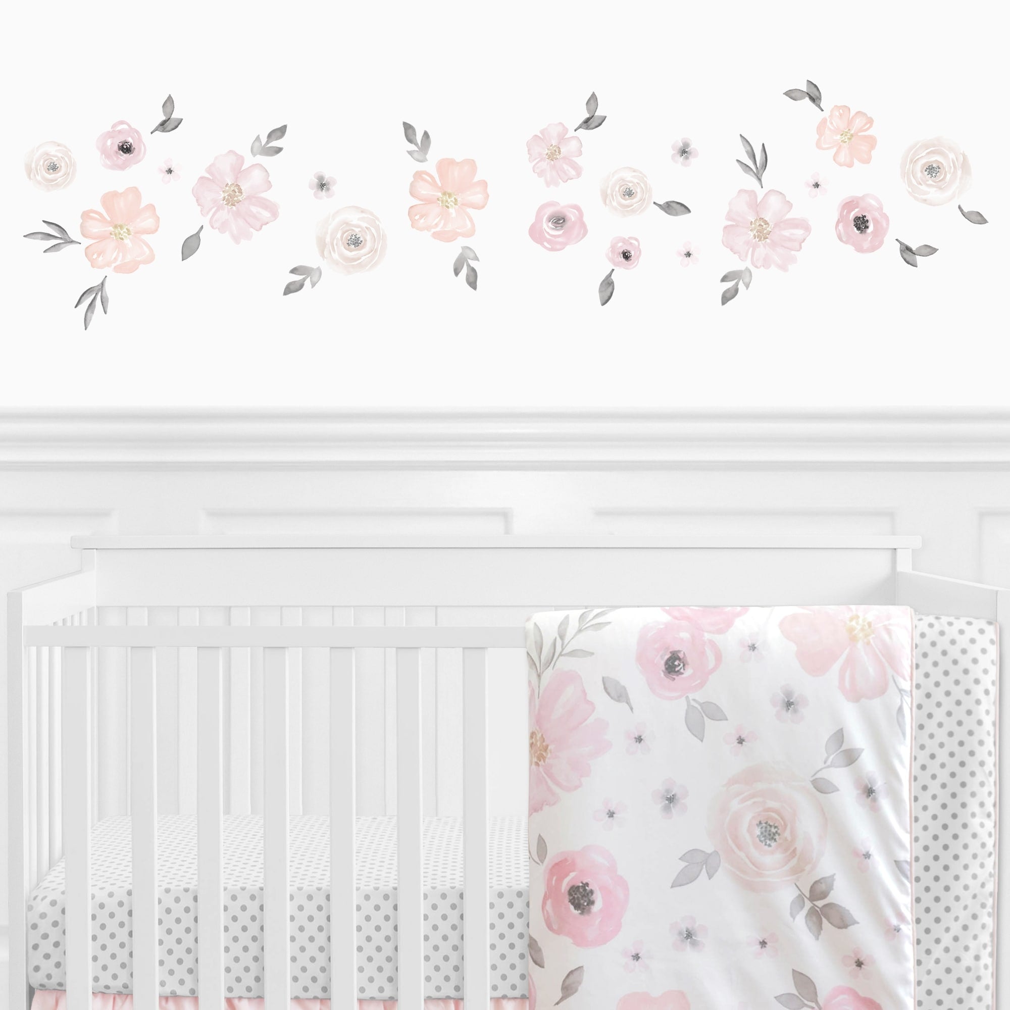 Sweet Jojo Designs Pink And Grey Watercolor Floral Collection Peel And Stick Wall Decal Stickers Art Nursery Decor Set Of 4