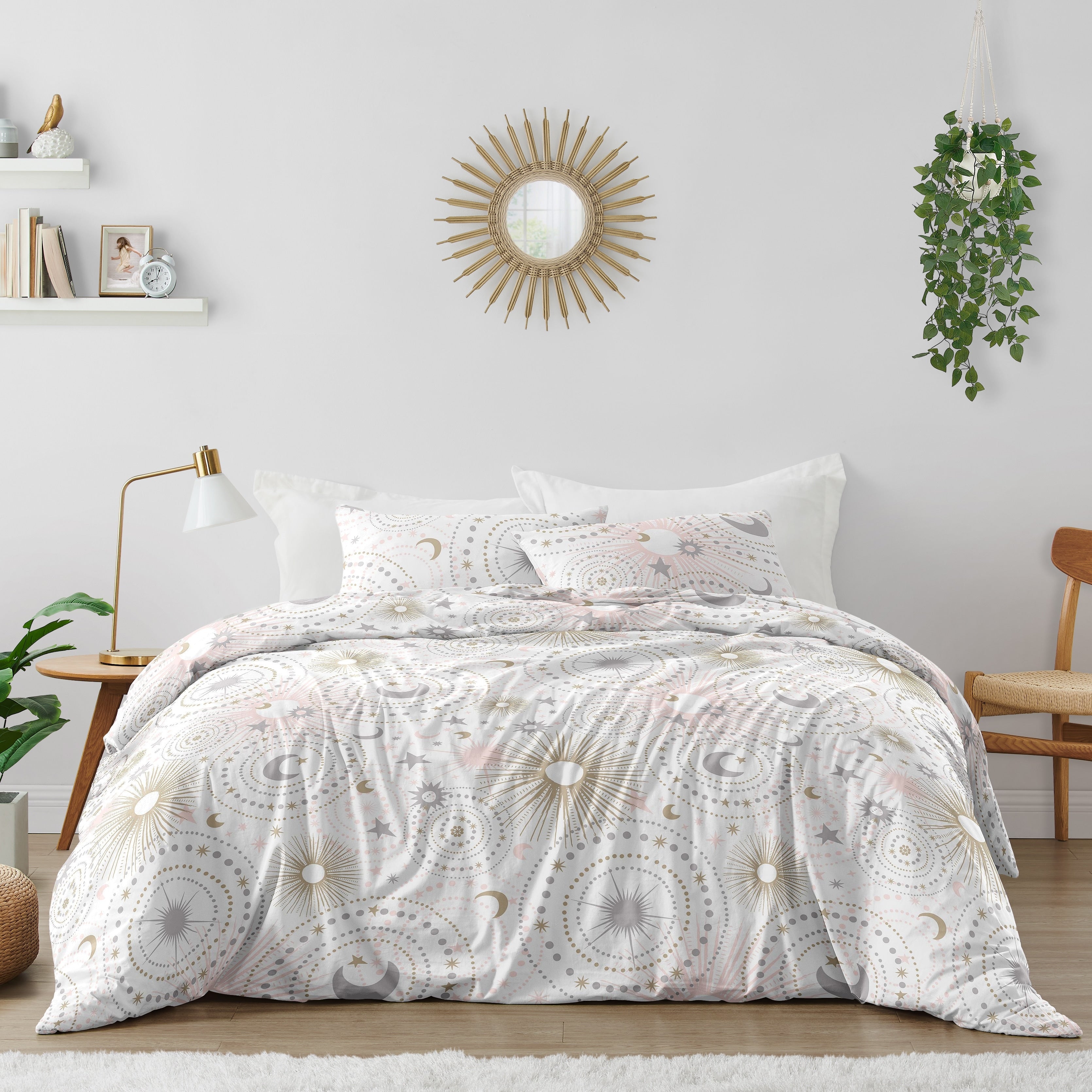 Sweet Jojo Designs Pink Gold And Grey Star And Moon Celestial Collection Girl 3 Piece Full Queen Size Comforter Set