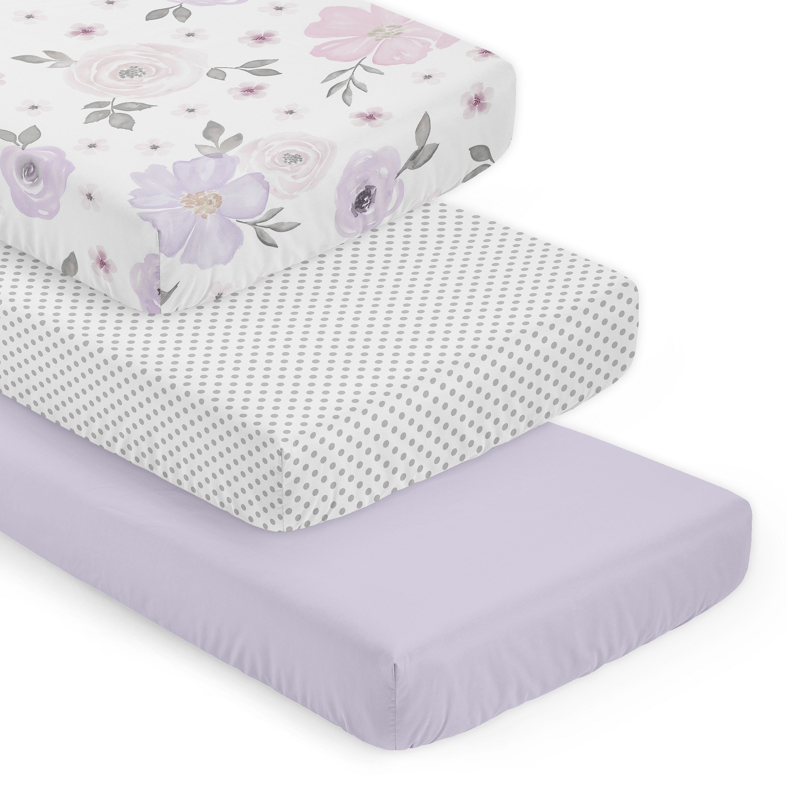 Sweet Jojo Designs Purple Boho Floral Girl 3 Pack Fitted Crib Sheets Solid Lavender White Grey Polka Dots Bohemian Shabby