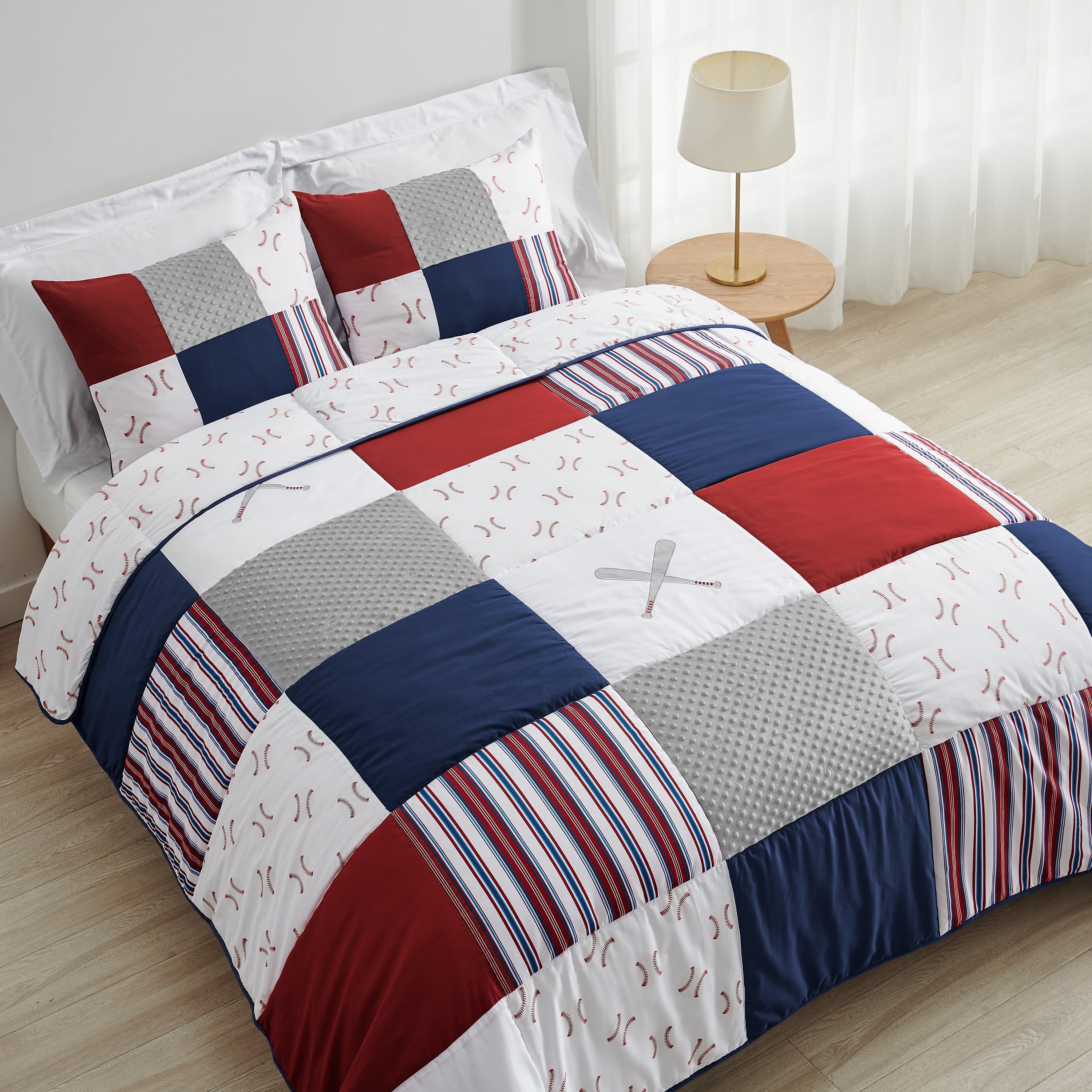 Sweet Jojo Designs Red White And Blue Baseball Patch Sports Collection Boy 3 Piece Full Queen Size Comforter Set