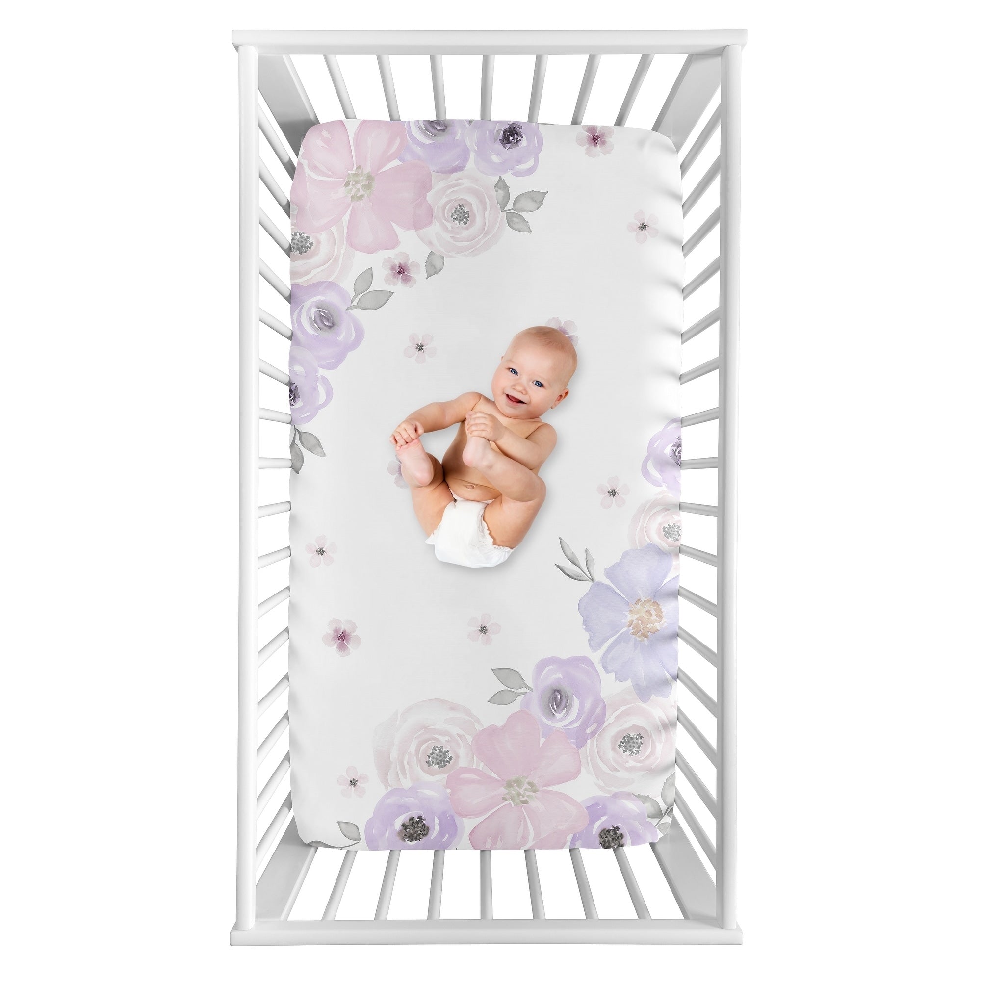 Sweet Jojo Designs Shabby Chic Floral Girl Photo Op Fitted Crib Sheet Lavender Purple Pink And Grey Watercolor Rose Flower
