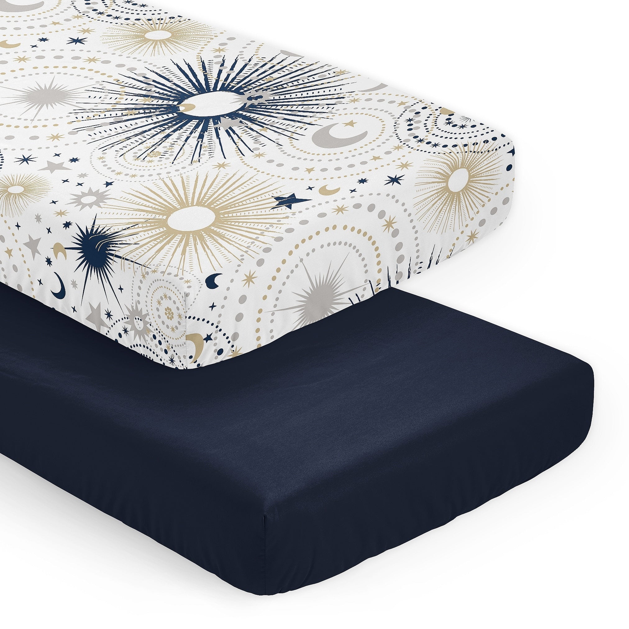 Sweet Jojo Designs Star And Moon Boy Girl Unisex Gender Neutral 2 Pack Fitted Crib Sheets Solid Blue Celestial Sky Stars