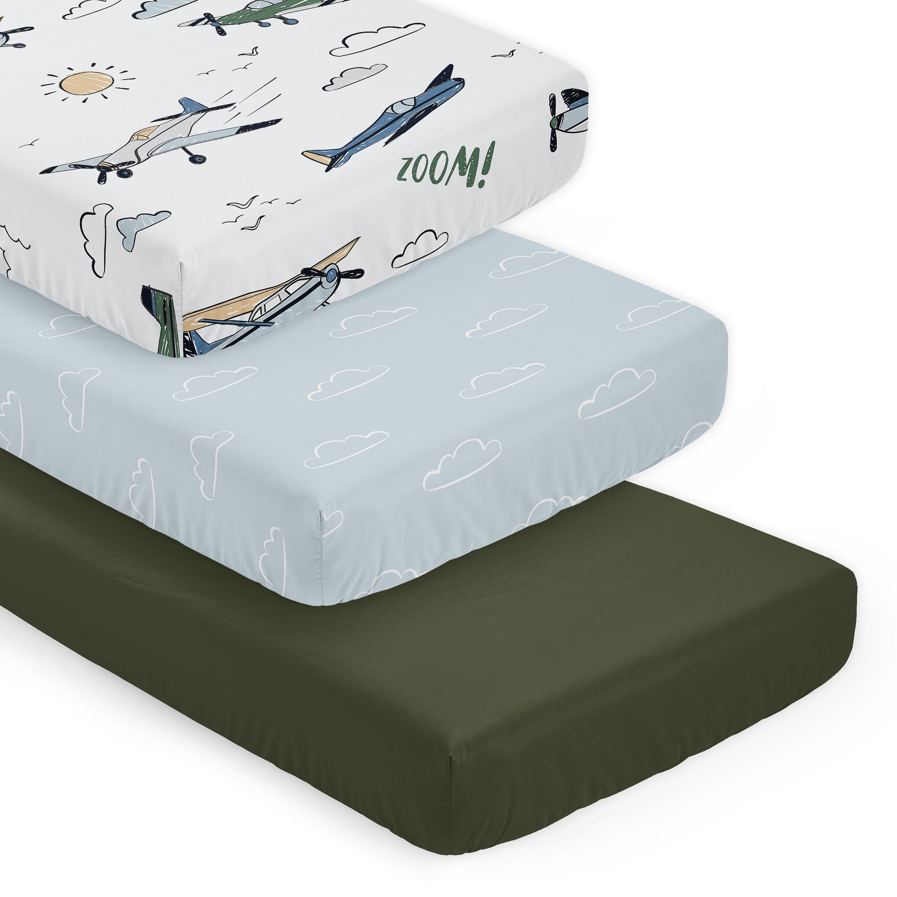 Sweet Jojo Designs Vintage Airplane Boy 3 Pack Fitted Crib Sheets Slate Blue Clouds Solid Green And Airplanes Transportation
