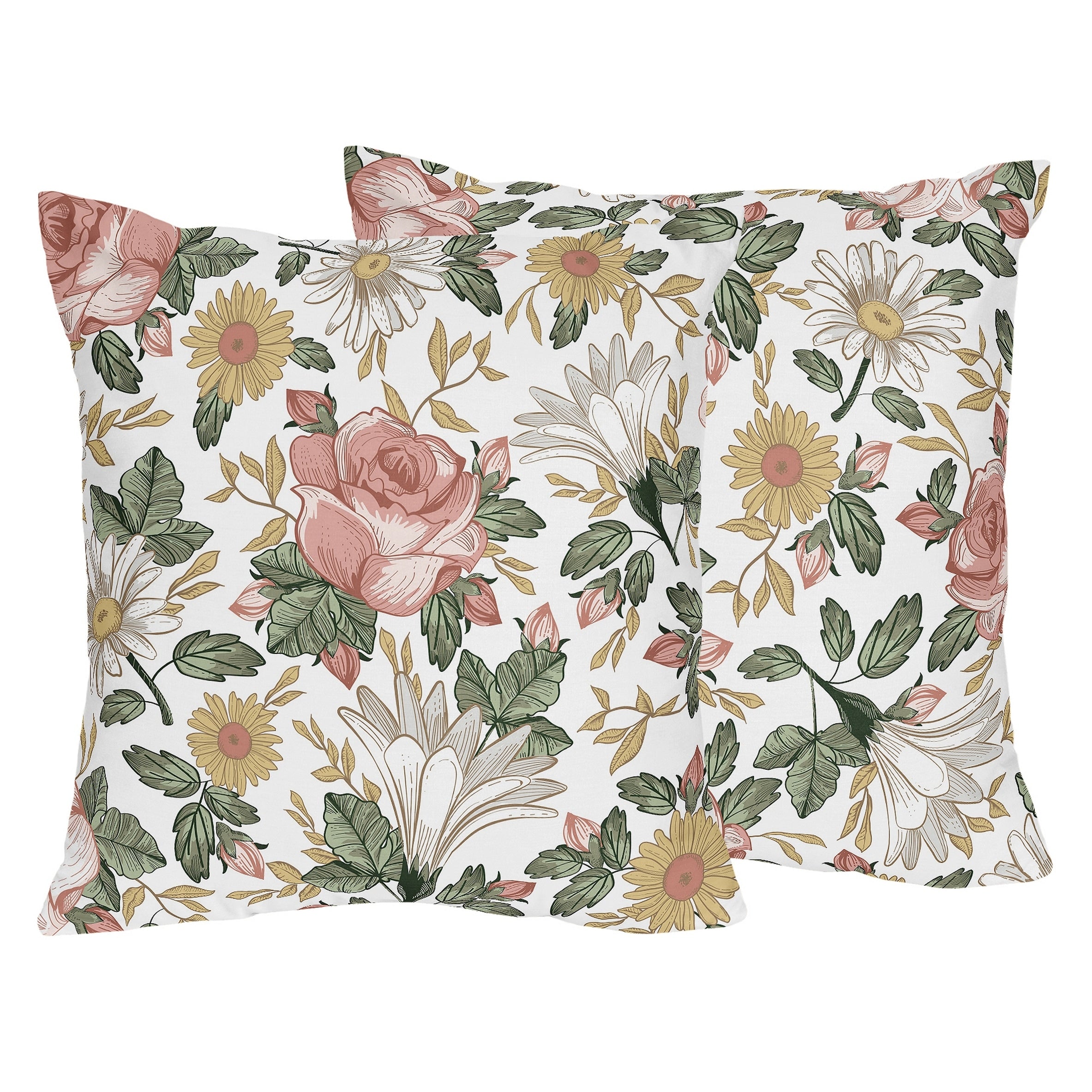 Sweet Jojo Designs Vintage Floral Boho 18 Inch Decorative Accent Throw Pillows Set Of 2 Pink Yellow Green White Shabby Chic