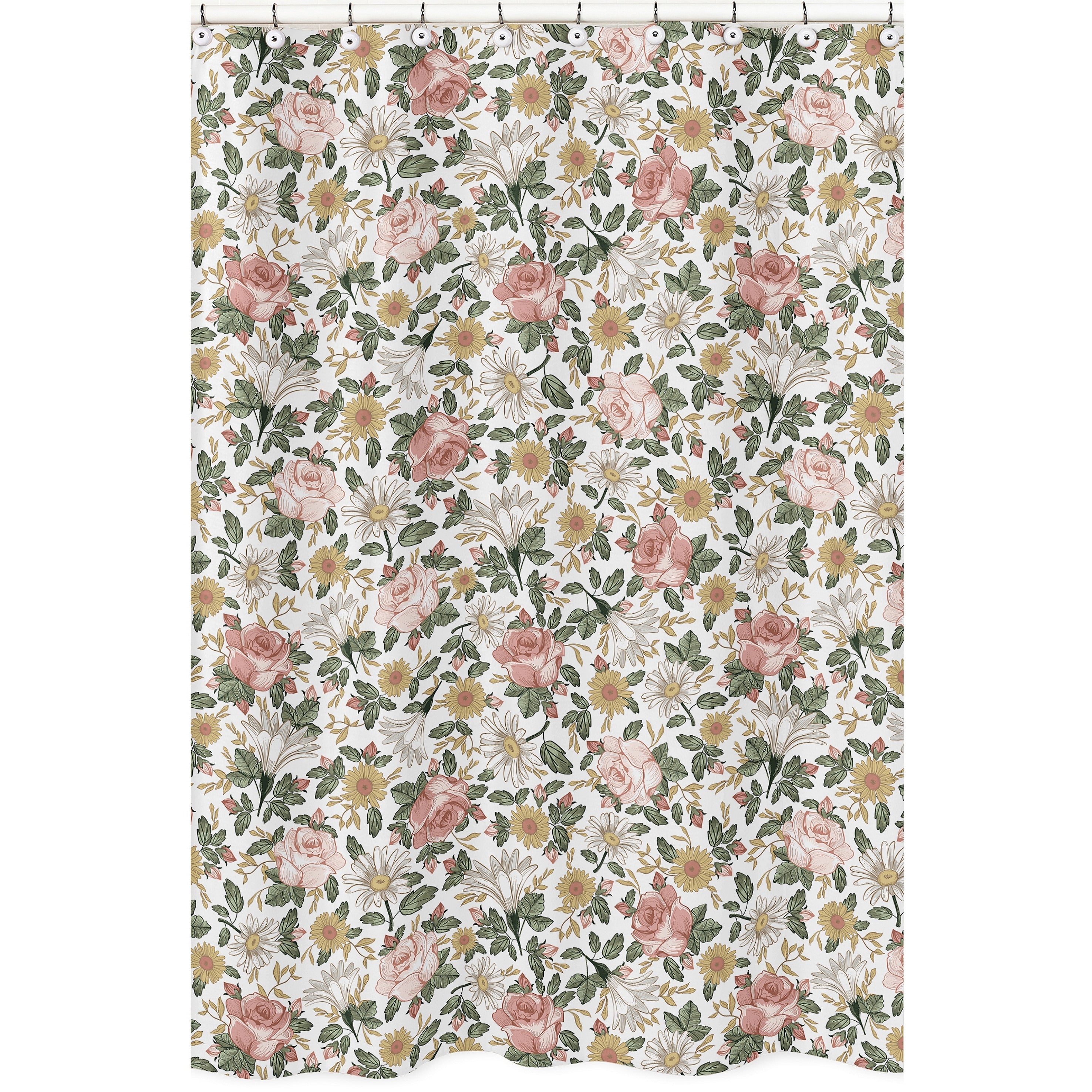 Sweet Jojo Designs Vintage Floral Boho Bathroom Fabric Bath Shower Curtain Blush Pink Yellow Green White Shabby Chic Farmhouse