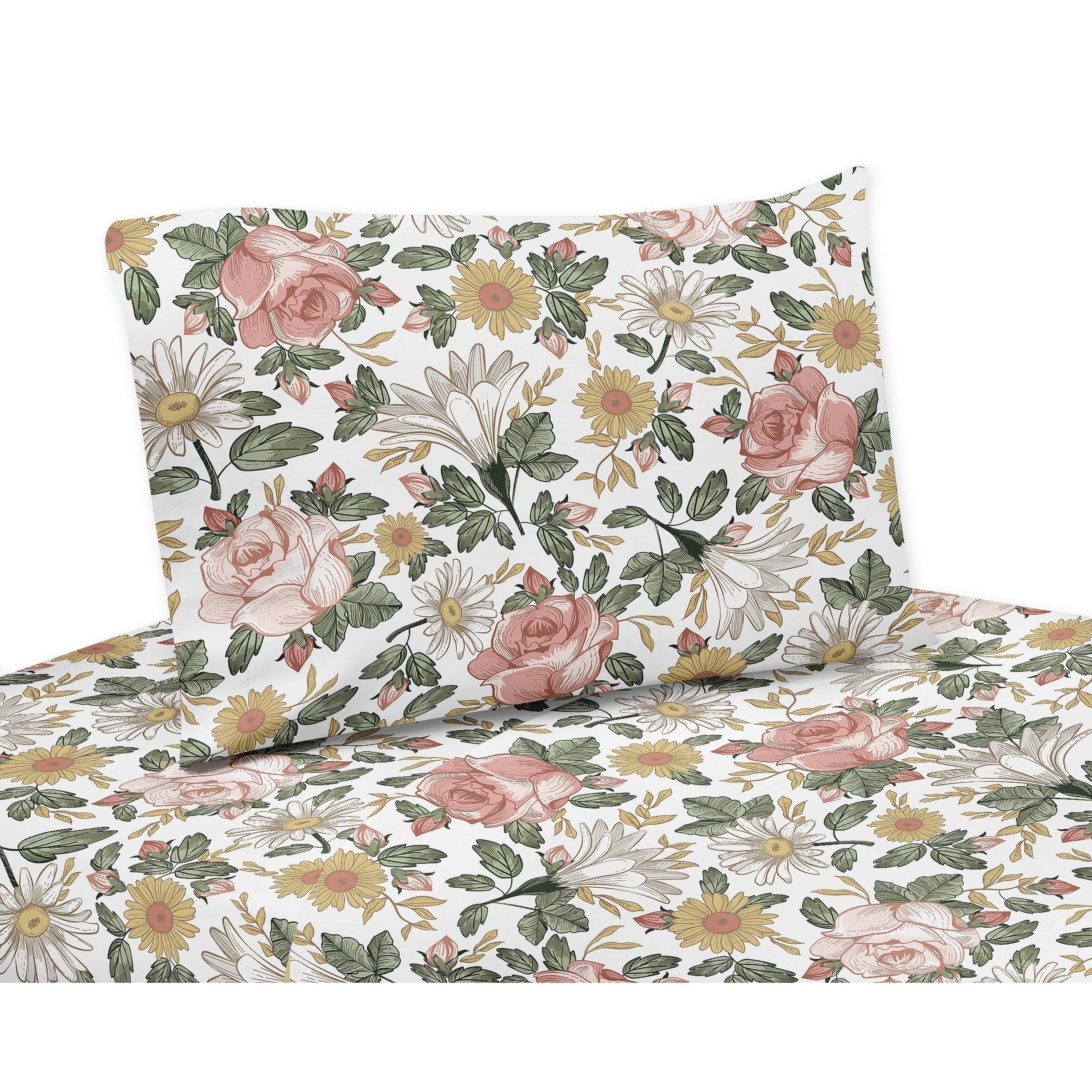 Sweet Jojo Designs Vintage Floral Boho Collection 3Pc Twin Sheet Set Blush Pink Yellow Green White Shabby Chic Flower Farmhouse