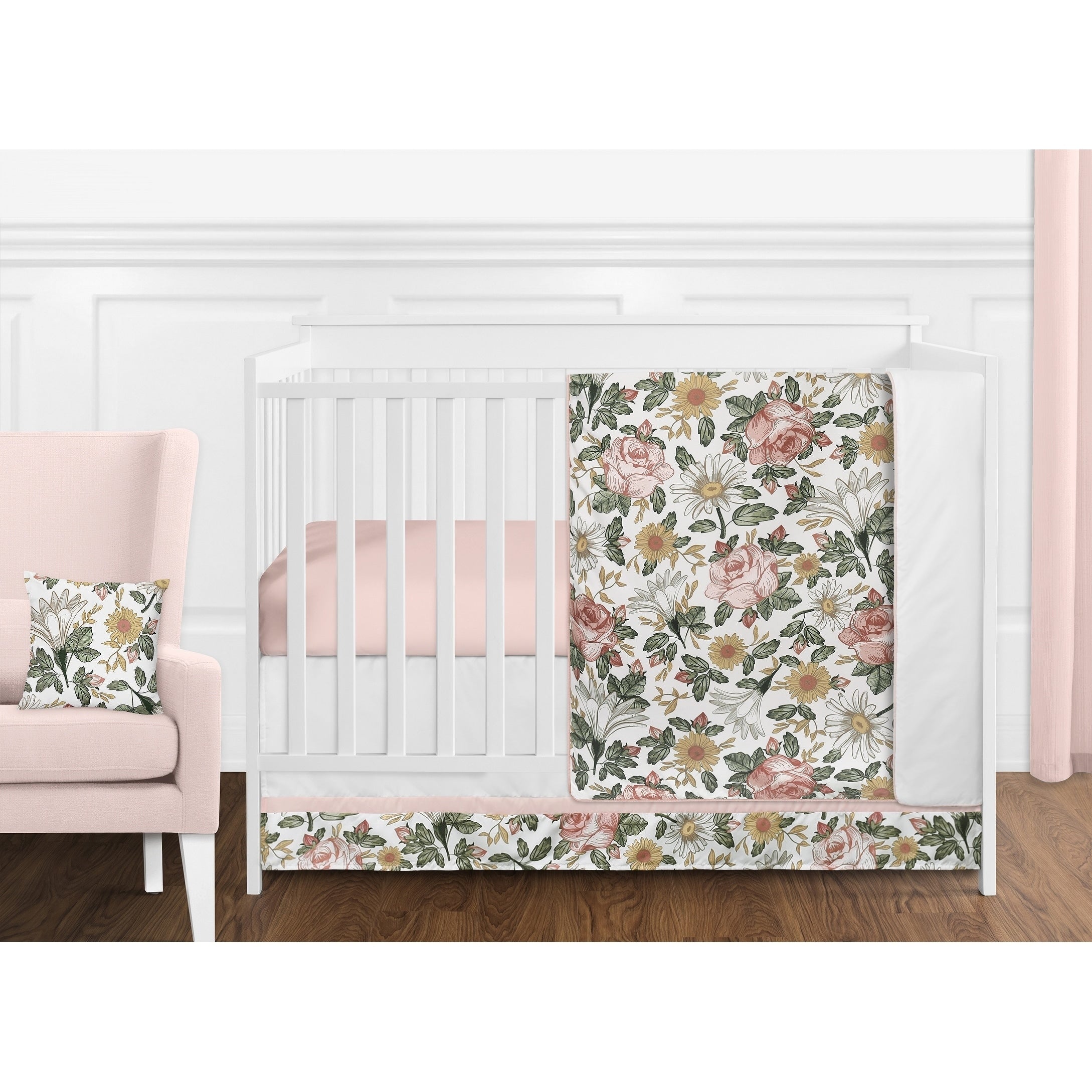Sweet Jojo Designs Vintage Floral Boho Girl 11Pc Nursery Crib Bedding Set Blush Pink Yellow Green White Shabby Chic Farmhouse