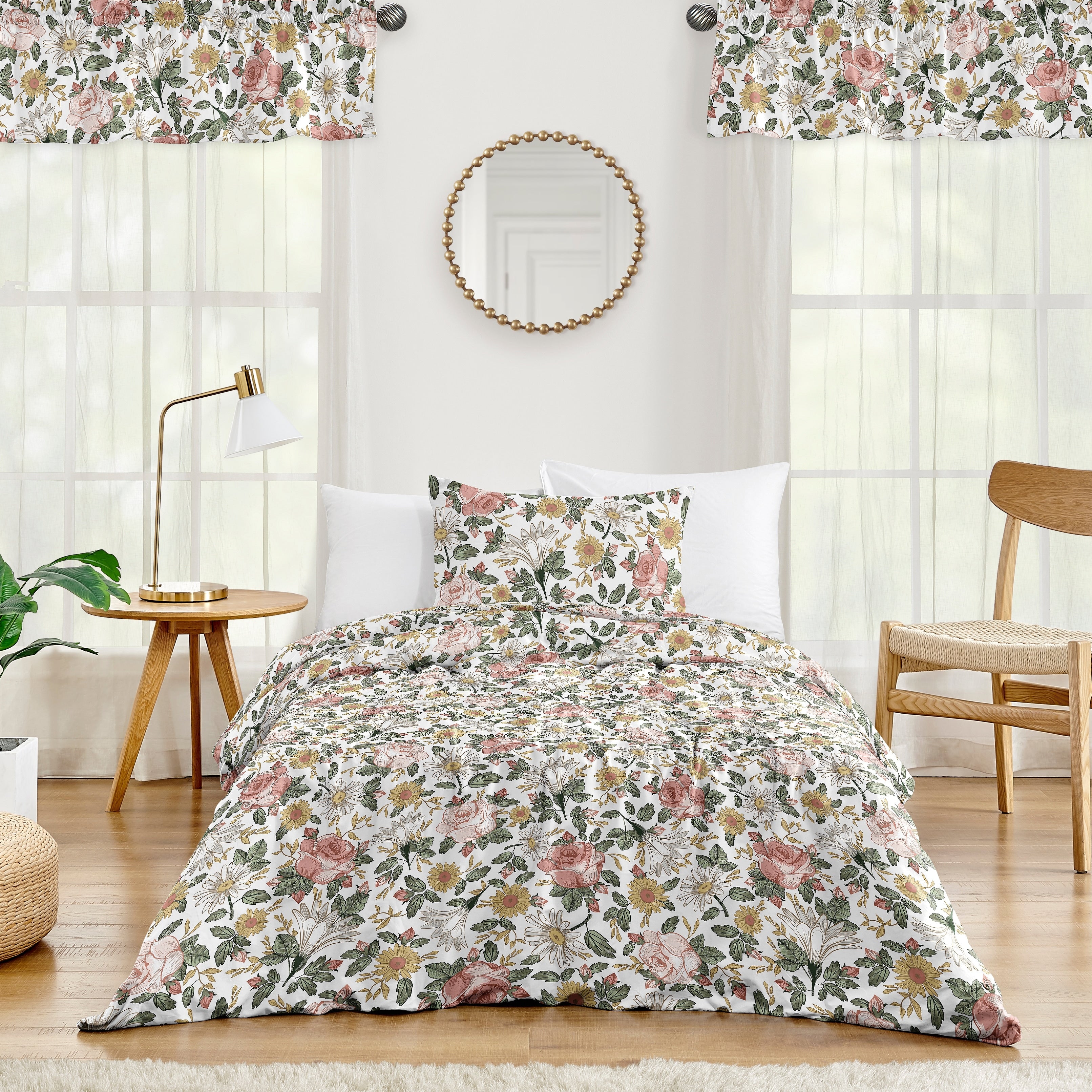 Sweet Jojo Designs Vintage Floral Boho Girl 4 Piece Twin Comforter Set Blush Pink Yellow Green White Shabby Chic Rose Farmhouse