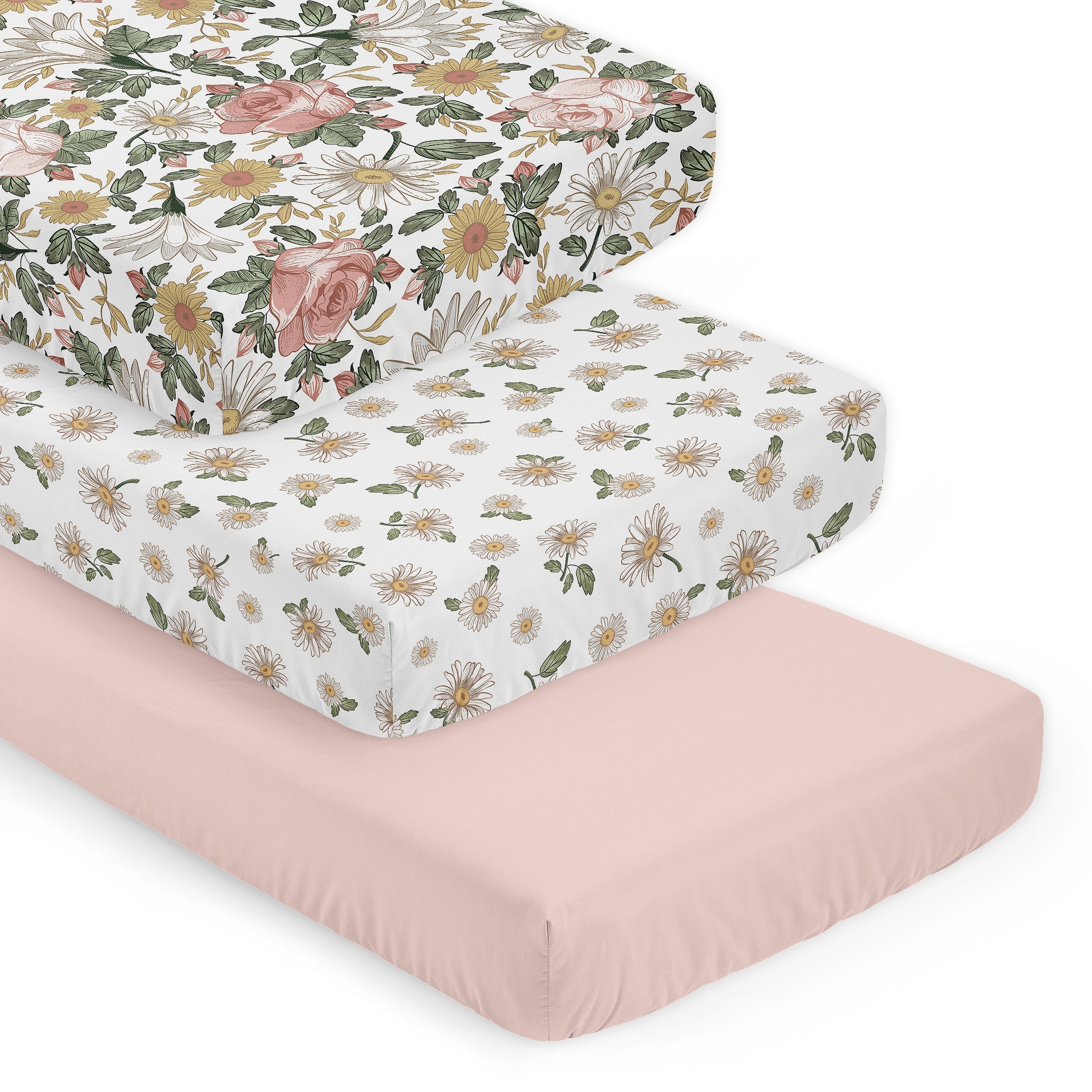 Sweet Jojo Designs Vintage Floral Boho Girl 3 Pack Fitted Crib Sheets Solid Blush Pink Daisies Bohemian Shabby Chic Flower